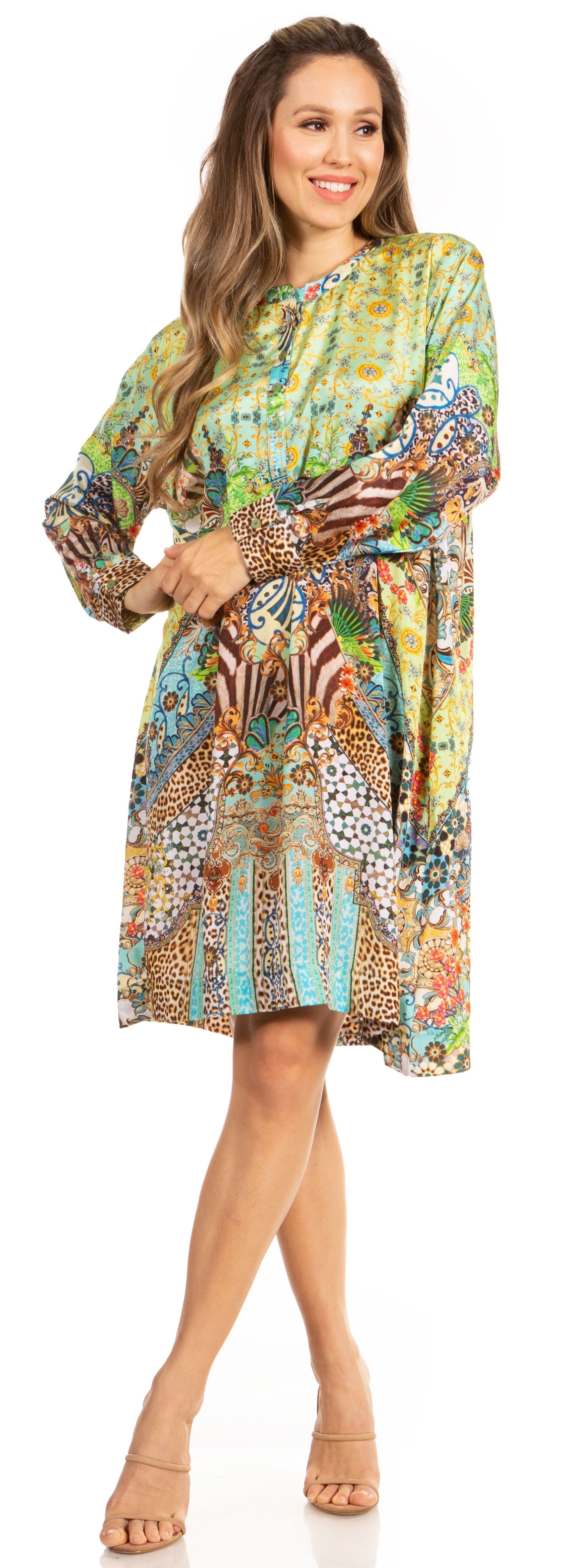 Woman wearing a colorful patterned dress on a white background