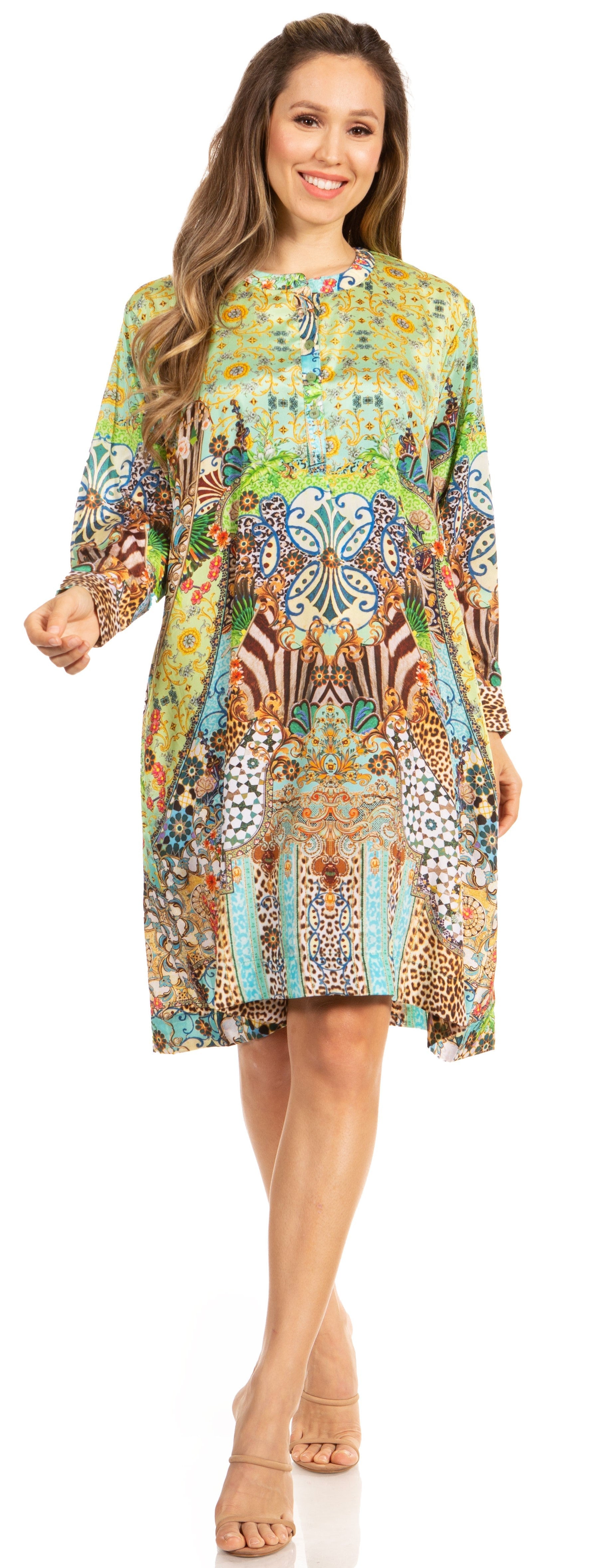 Woman wearing a colorful patterned dress on a white background