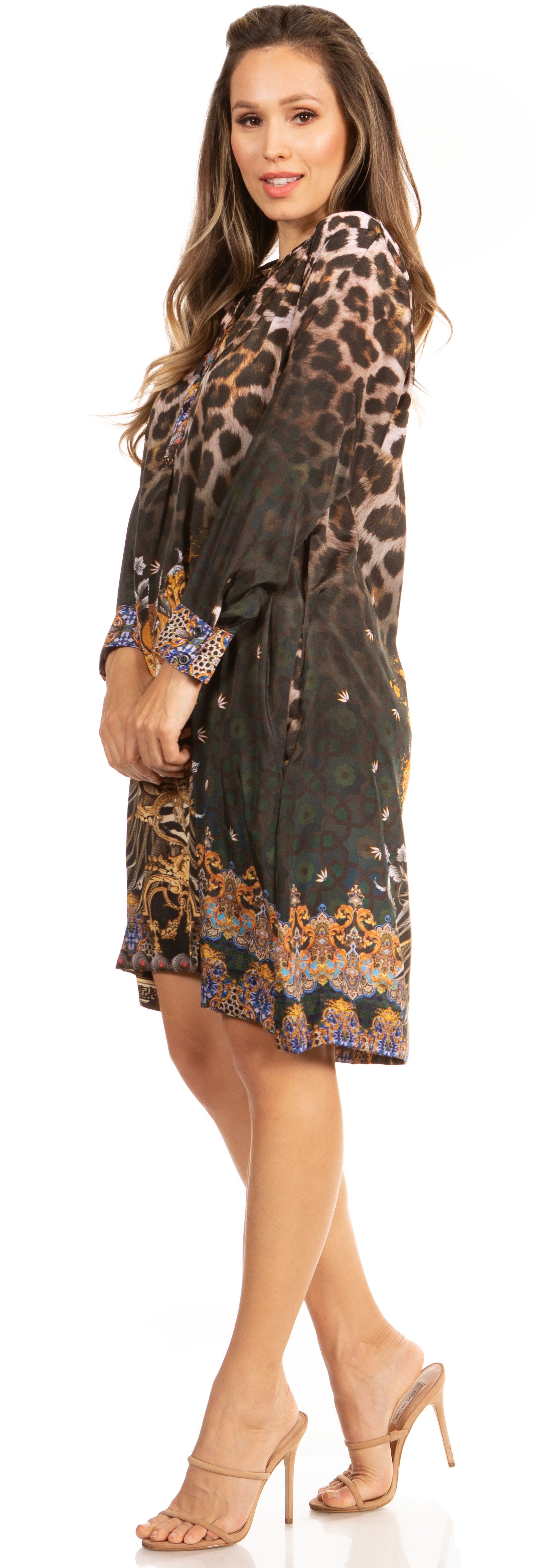Woman wearing a leopard print dress with floral patterns on a white background