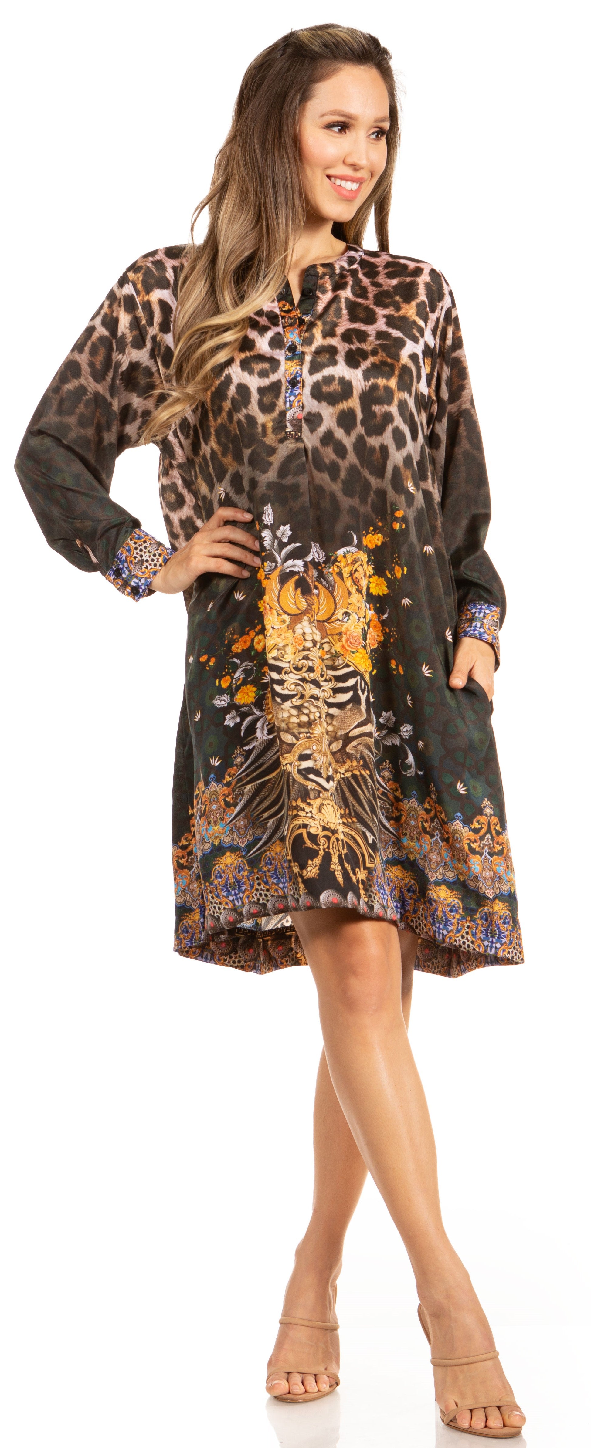Woman wearing a patterned dress on a white background