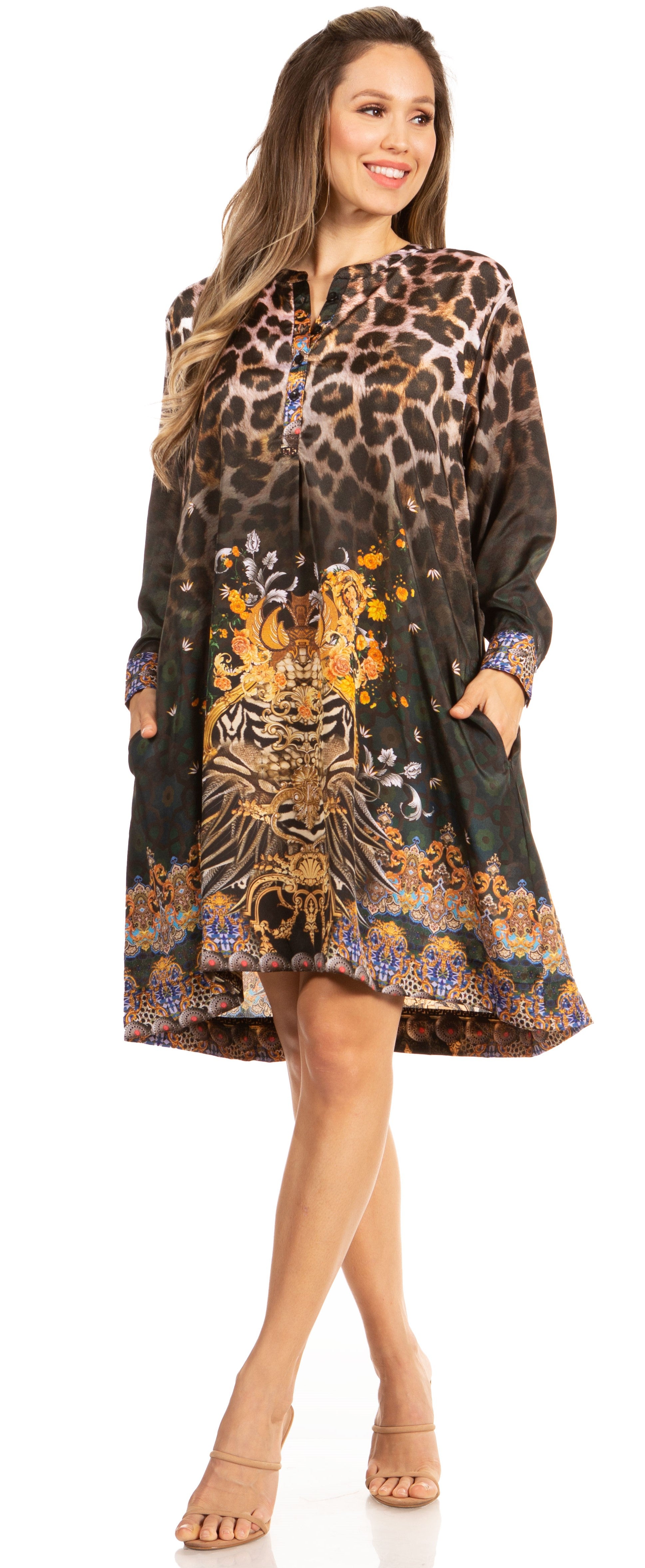 Woman wearing a long, patterned dress with a leopard print design on a white background