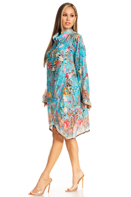 Sakkas - Long Sleeves Collared Neck Short Shirt Dress