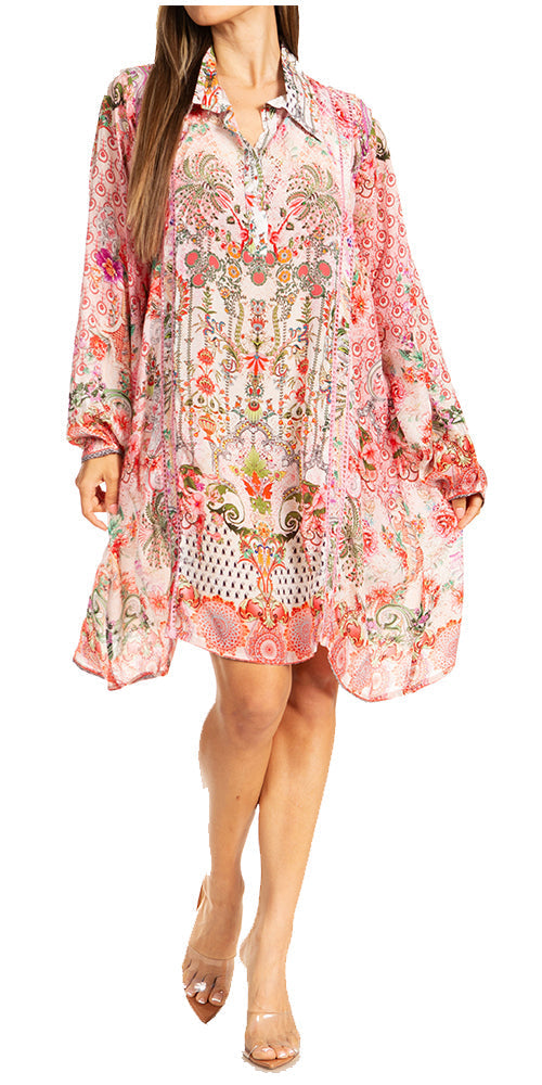 Woman wearing a floral dress with long sleeves on a white background