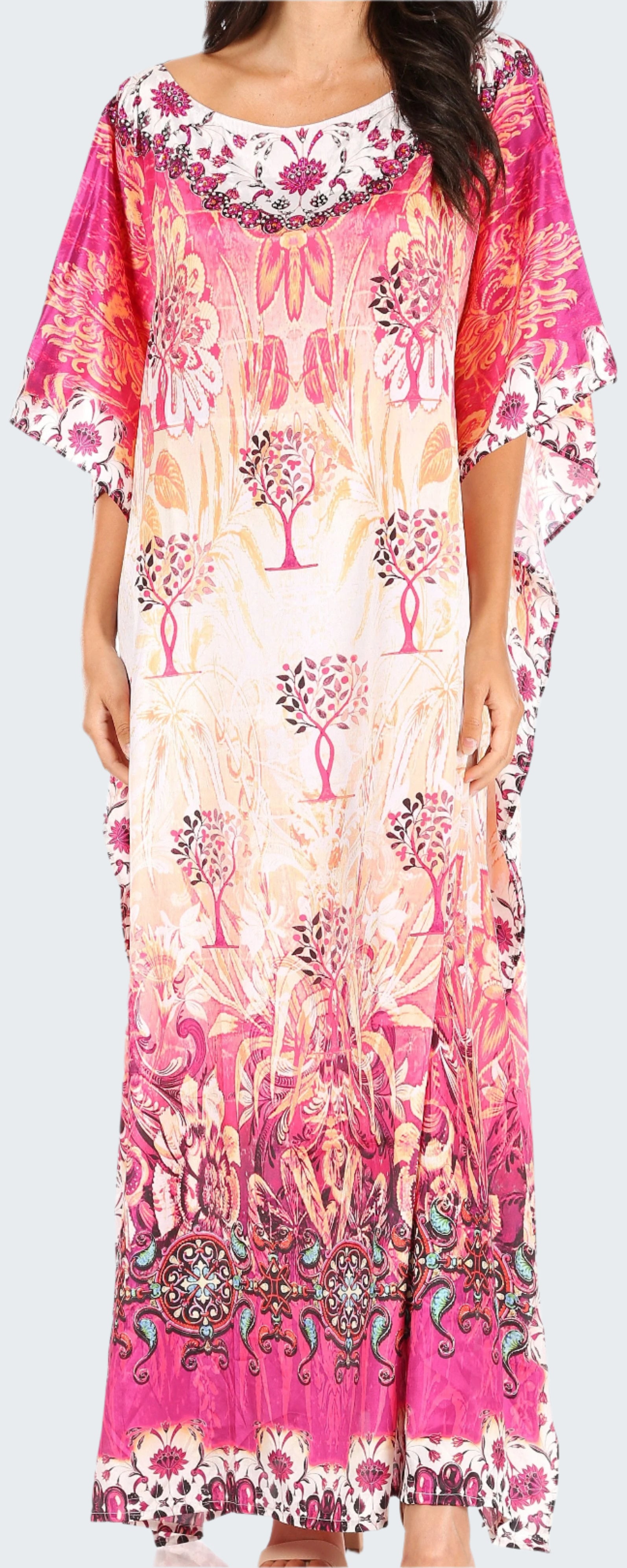 Woman wearing a long, floral-patterned dress with a pink and white design.