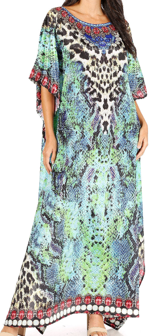 Long dress with multicolor pattern including animal prints and floral elements.
