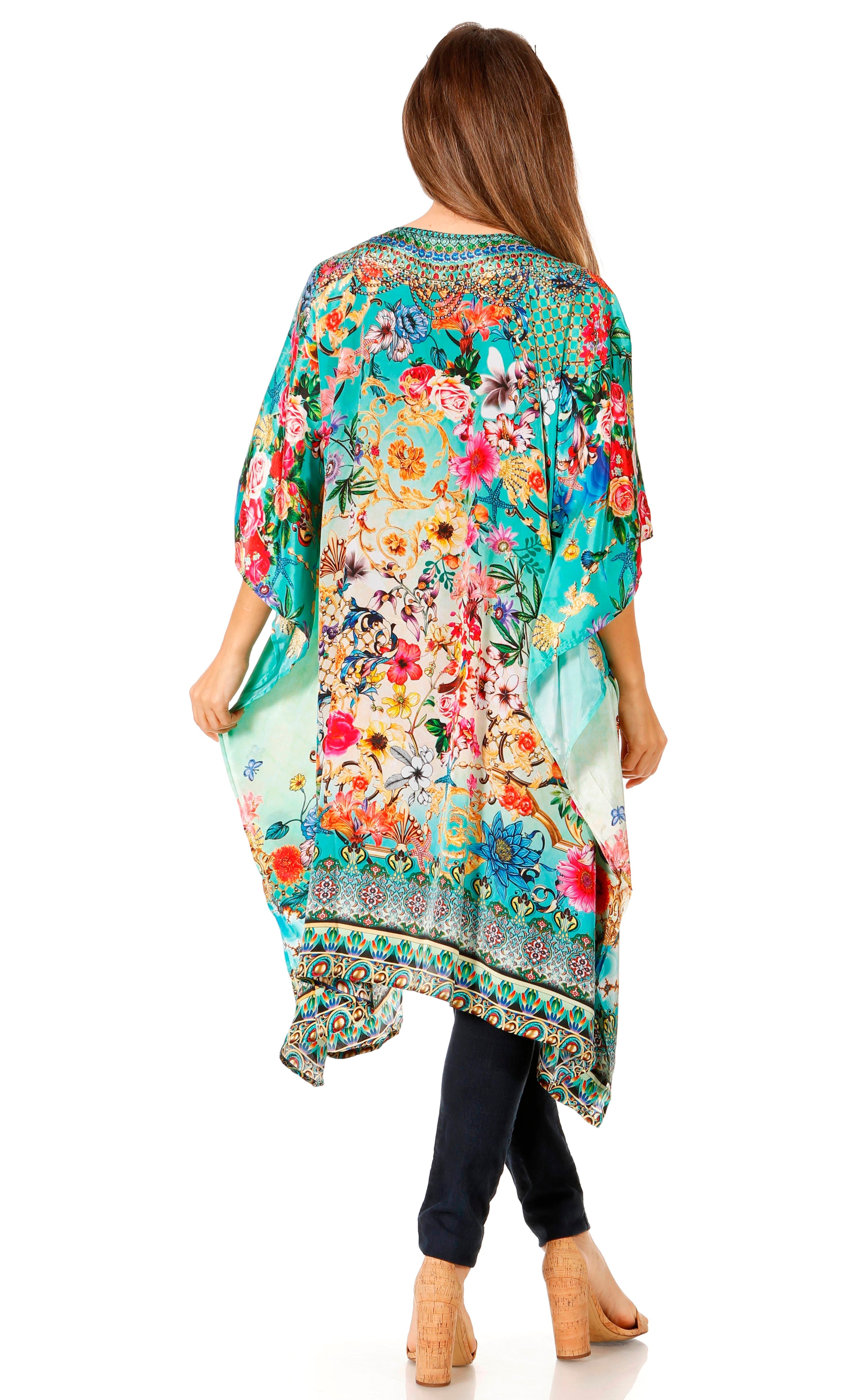 Sakkas - Jenni Mid Length Boho Caftan Kaftan Dress Cover up Flowy Rhinestone
