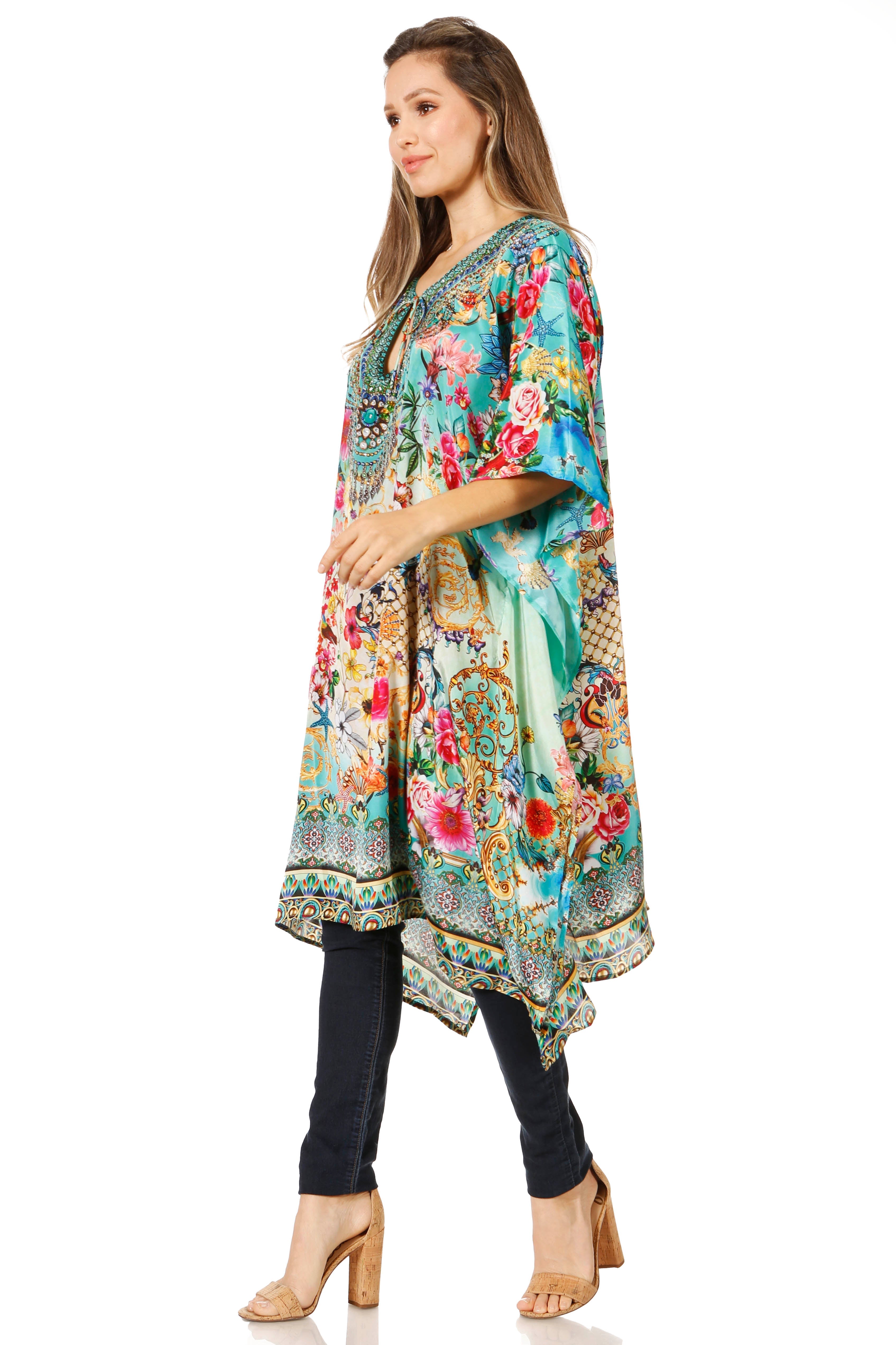 Sakkas - Jenni Mid Length Boho Caftan Kaftan Dress Cover up Flowy Rhinestone