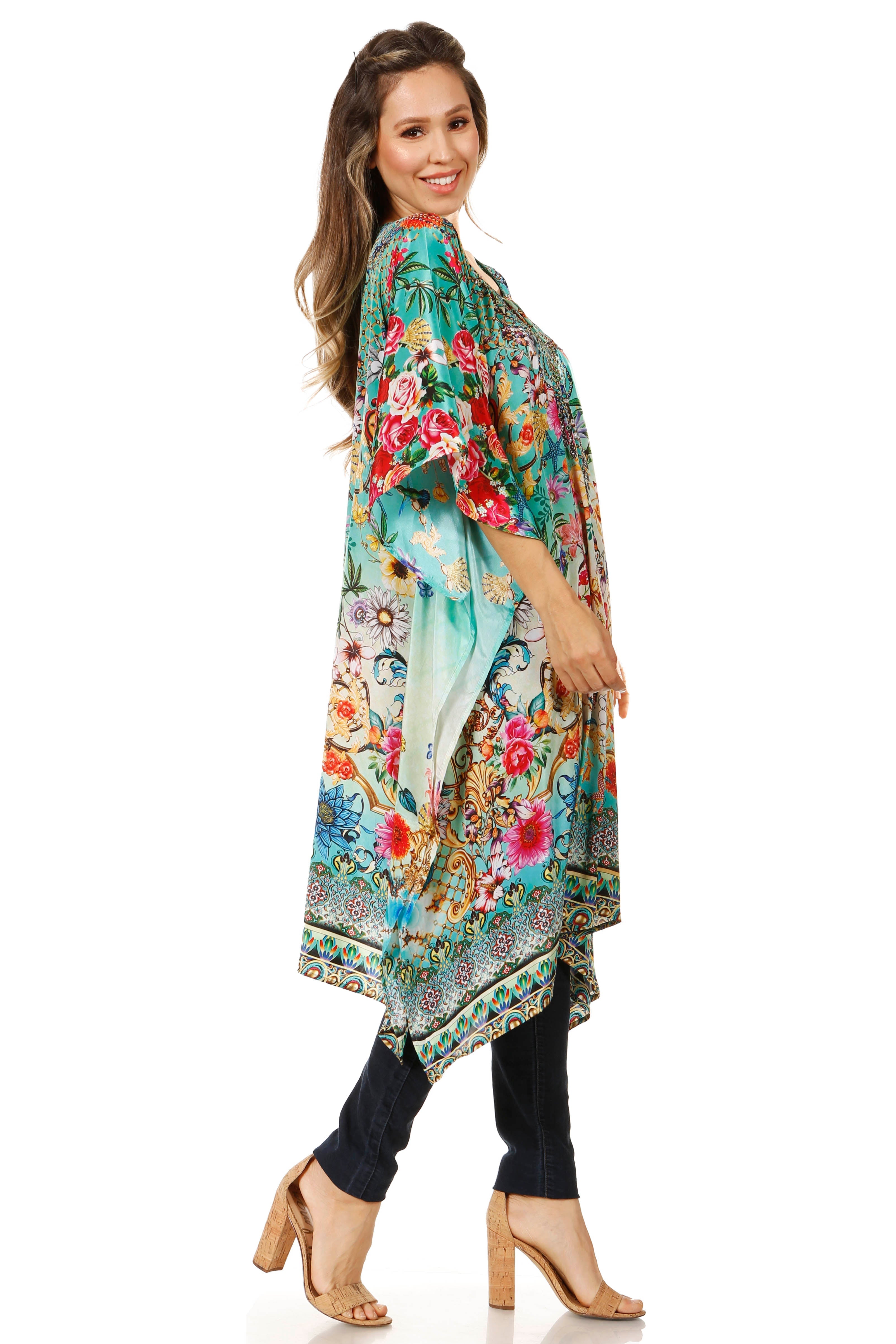 Sakkas - Jenni Mid Length Boho Caftan Kaftan Dress Cover up Flowy Rhinestone