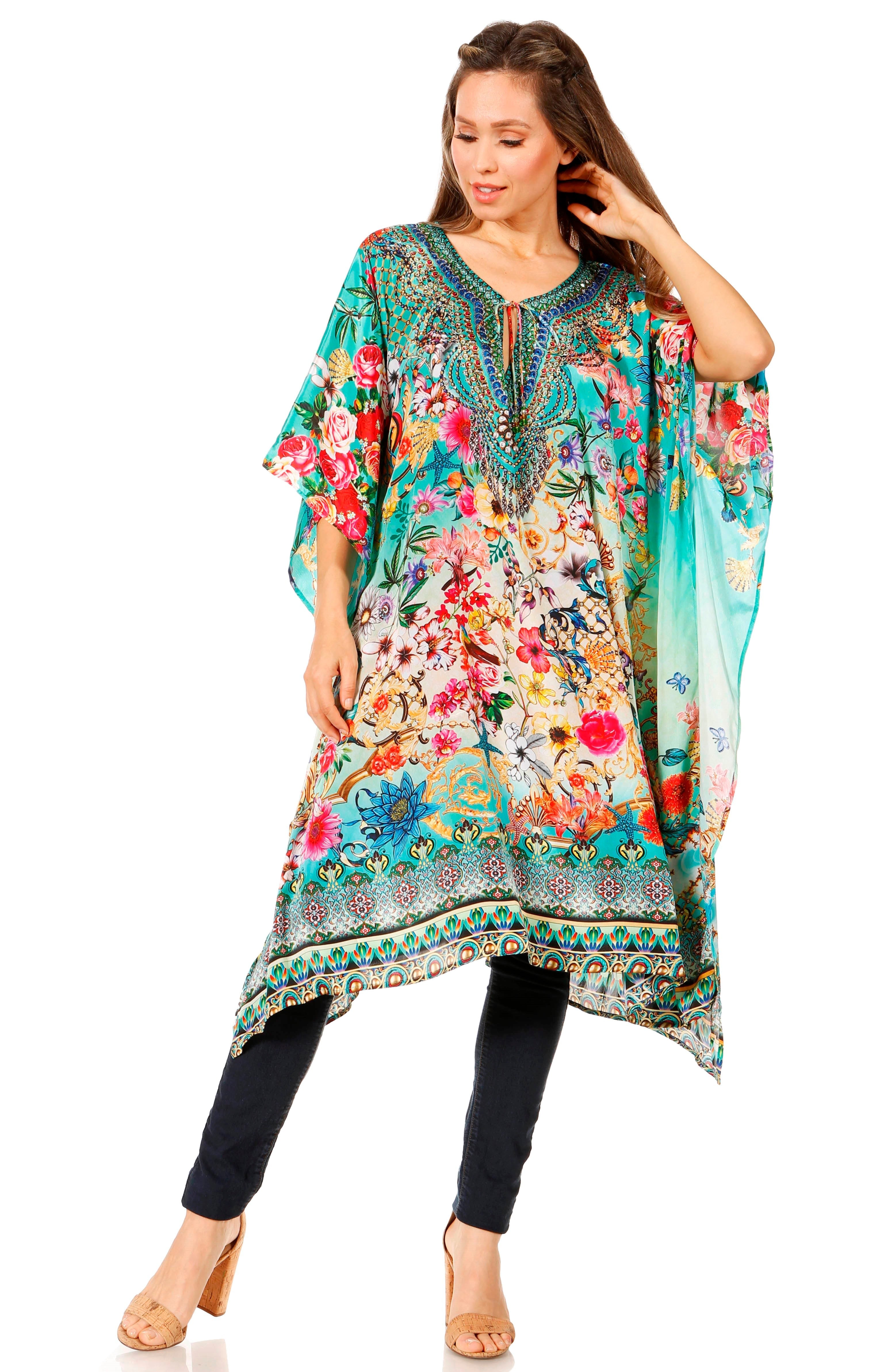 Sakkas - Jenni Mid Length Boho Caftan Kaftan Dress Cover up Flowy Rhinestone