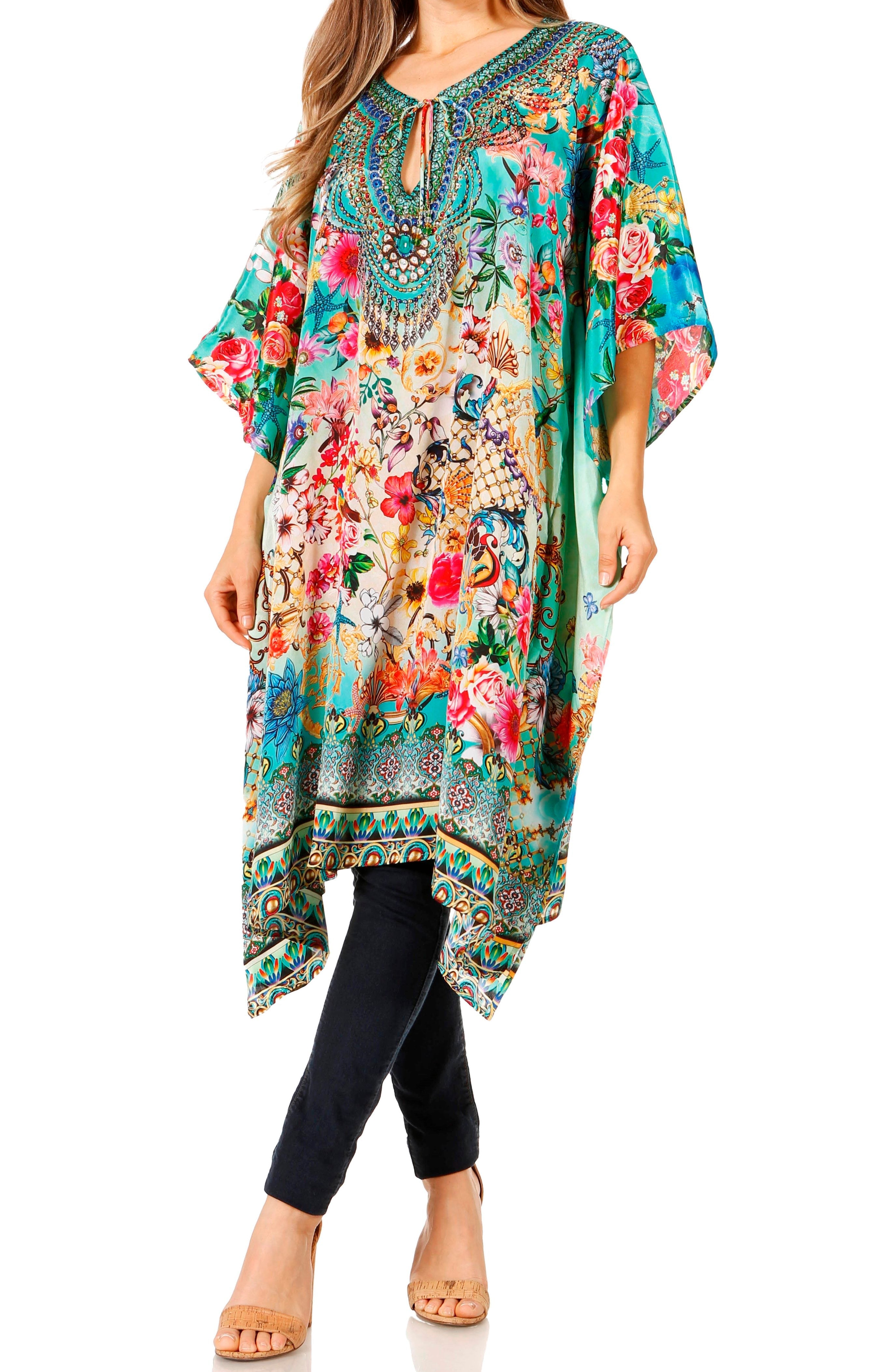 Sakkas - Jenni Mid Length Boho Caftan Kaftan Dress Cover up Flowy Rhinestone