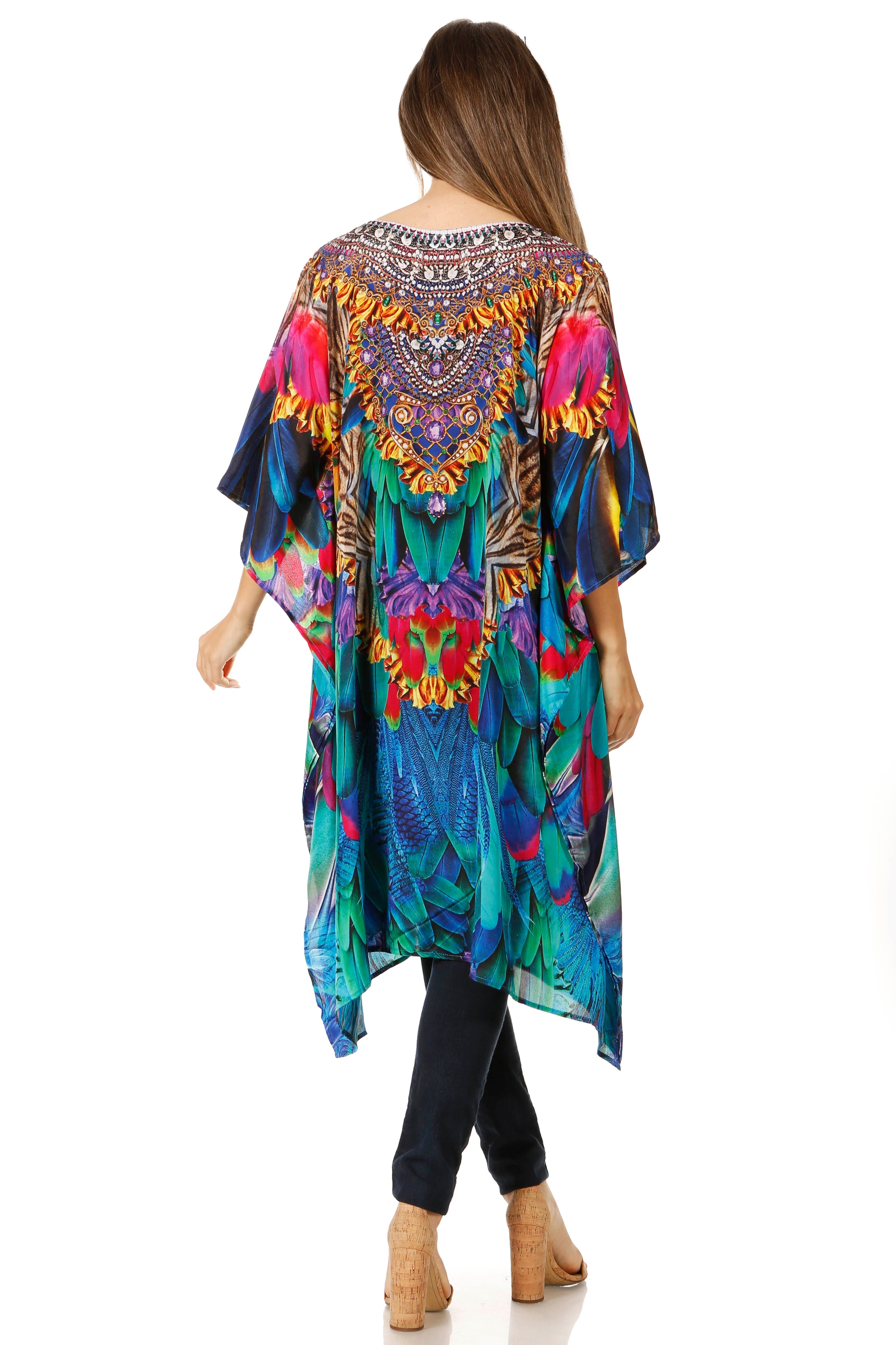 Sakkas - Jenni Mid Length Boho Caftan Kaftan Dress Cover up Flowy Rhinestone