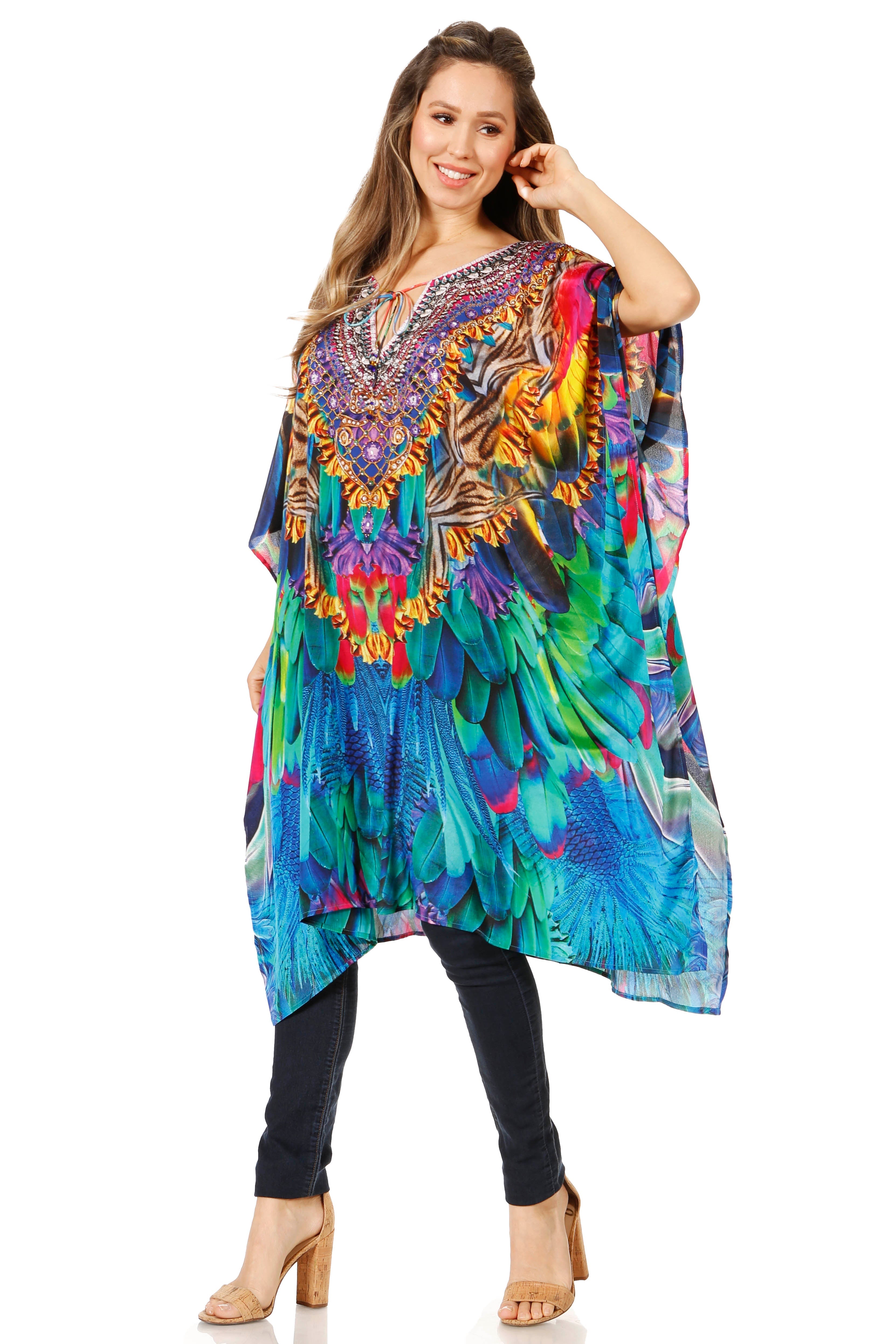 Sakkas - Jenni Mid Length Boho Caftan Kaftan Dress Cover up Flowy Rhinestone