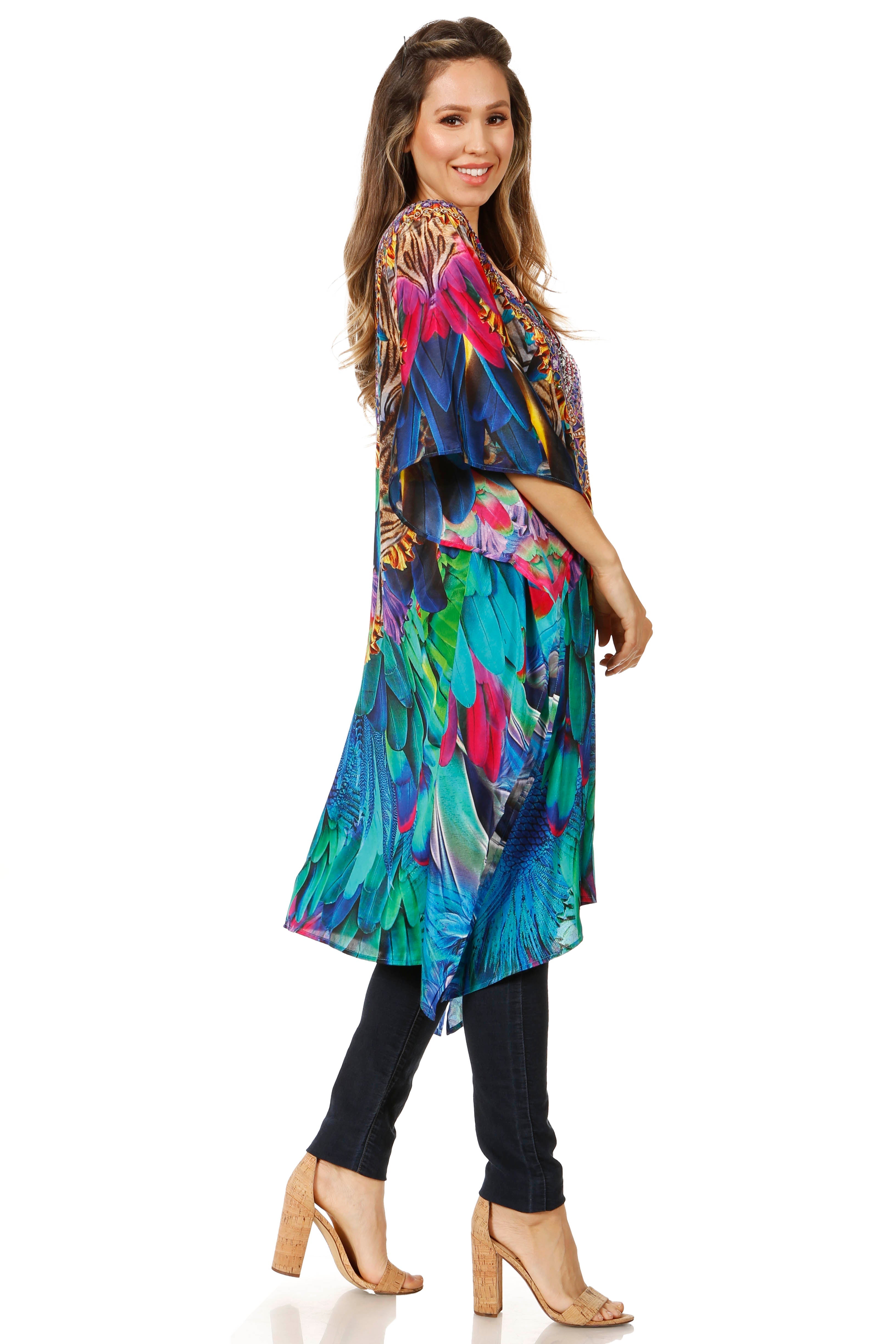 Sakkas - Jenni Mid Length Boho Caftan Kaftan Dress Cover up Flowy Rhinestone