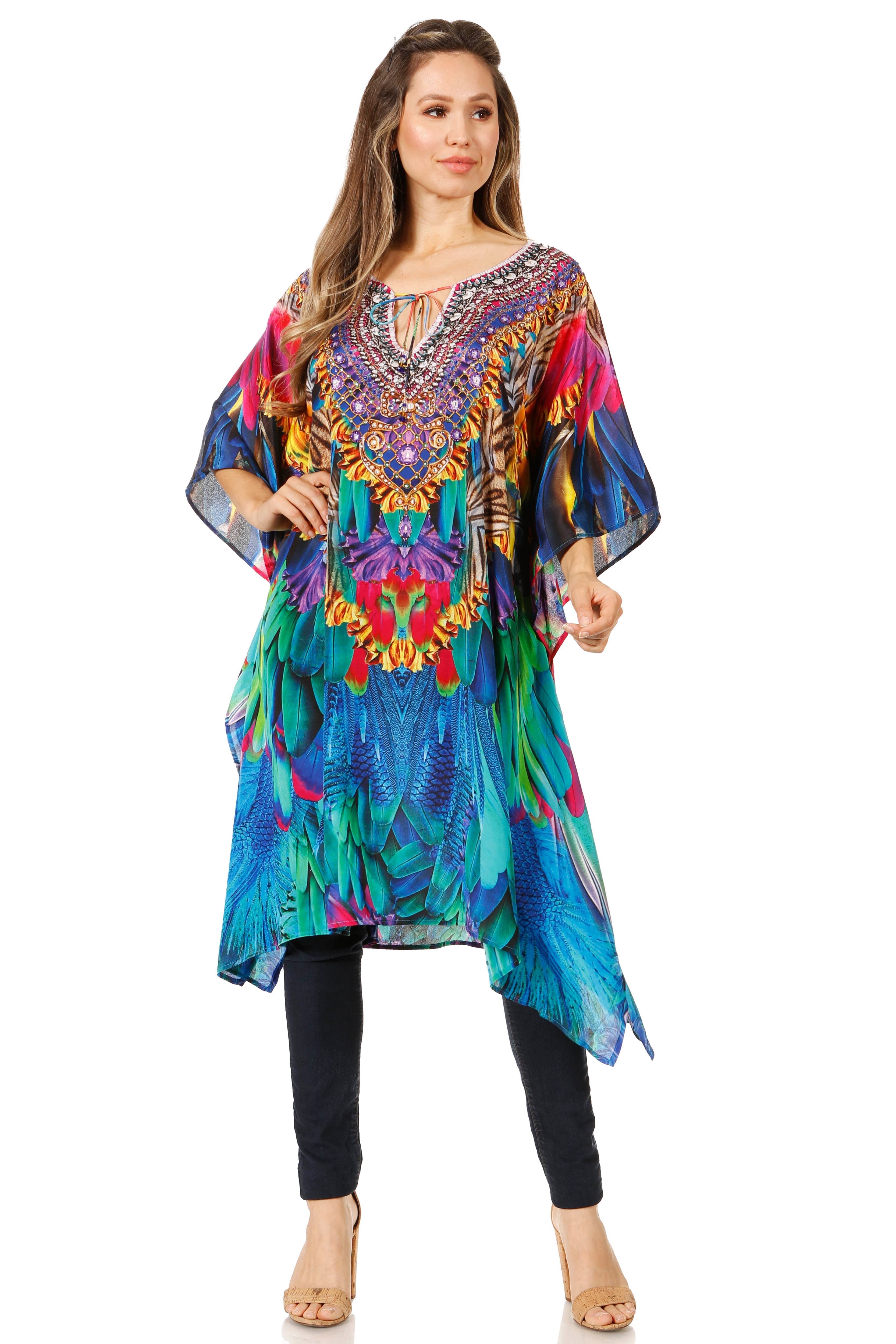 Sakkas - Jenni Mid Length Boho Caftan Kaftan Dress Cover up Flowy Rhinestone