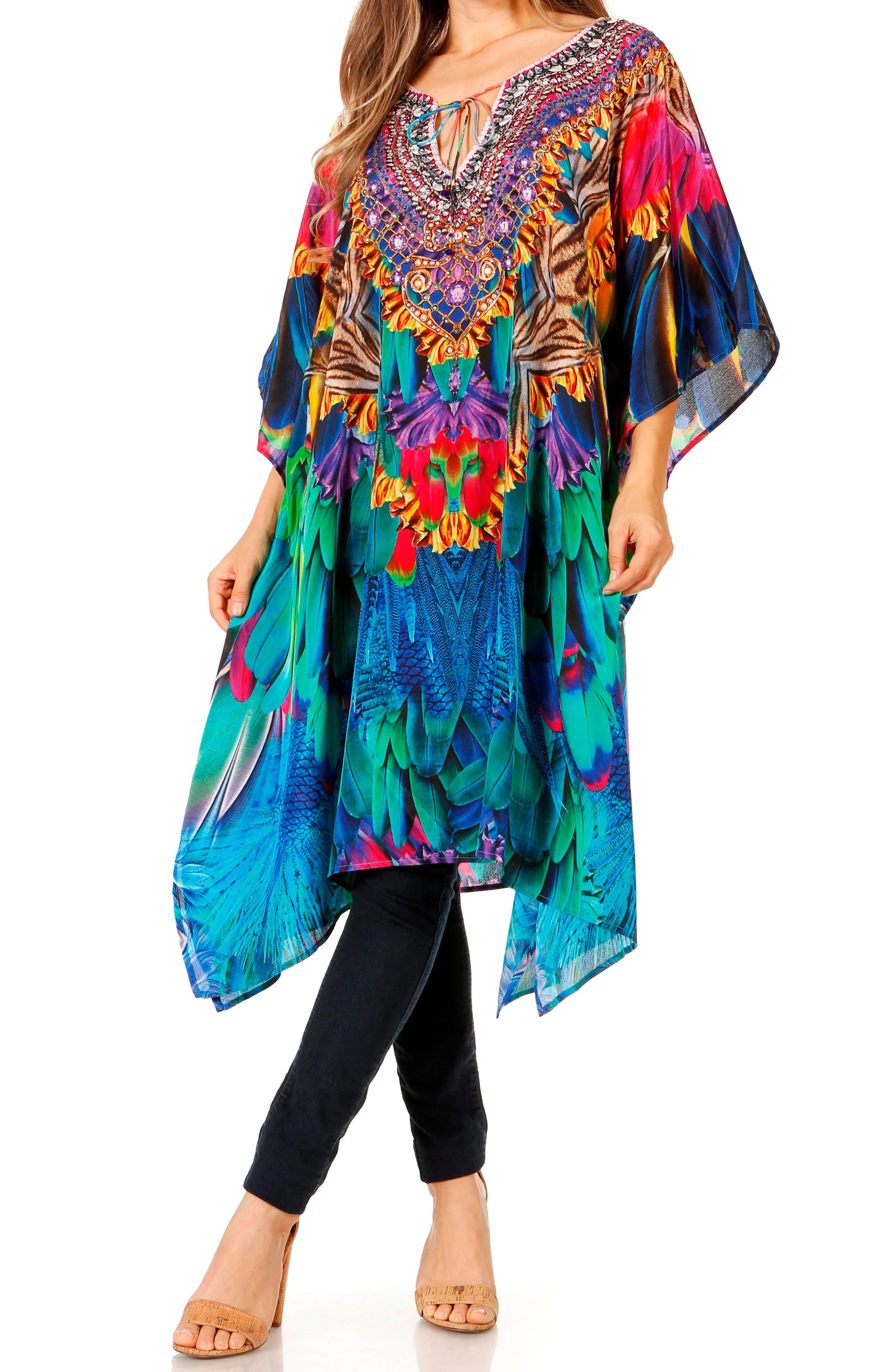 Sakkas - Jenni Mid Length Boho Caftan Kaftan Dress Cover up Flowy Rhinestone