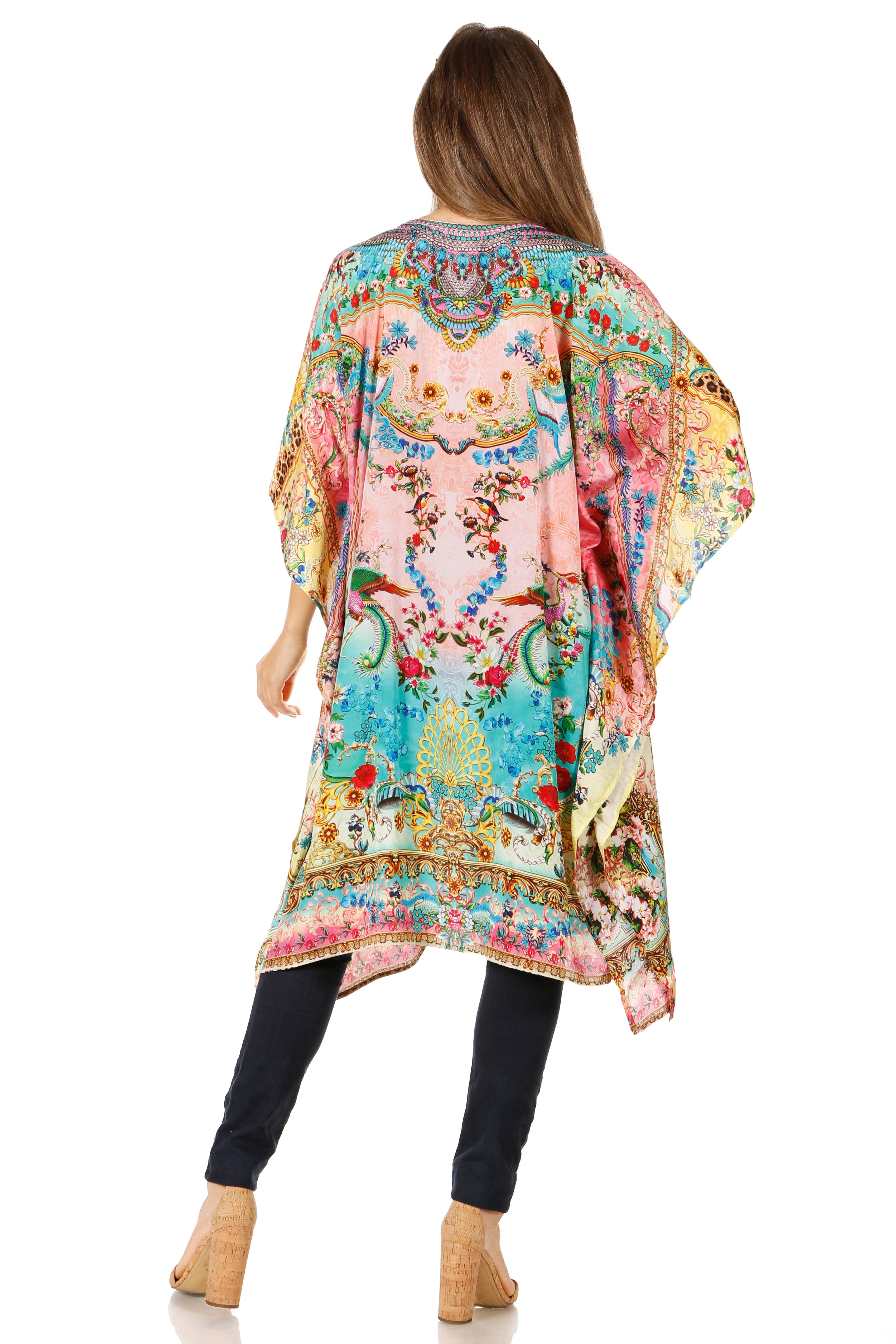 Sakkas - Jenni Mid Length Boho Caftan Kaftan Dress Cover up Flowy Rhinestone
