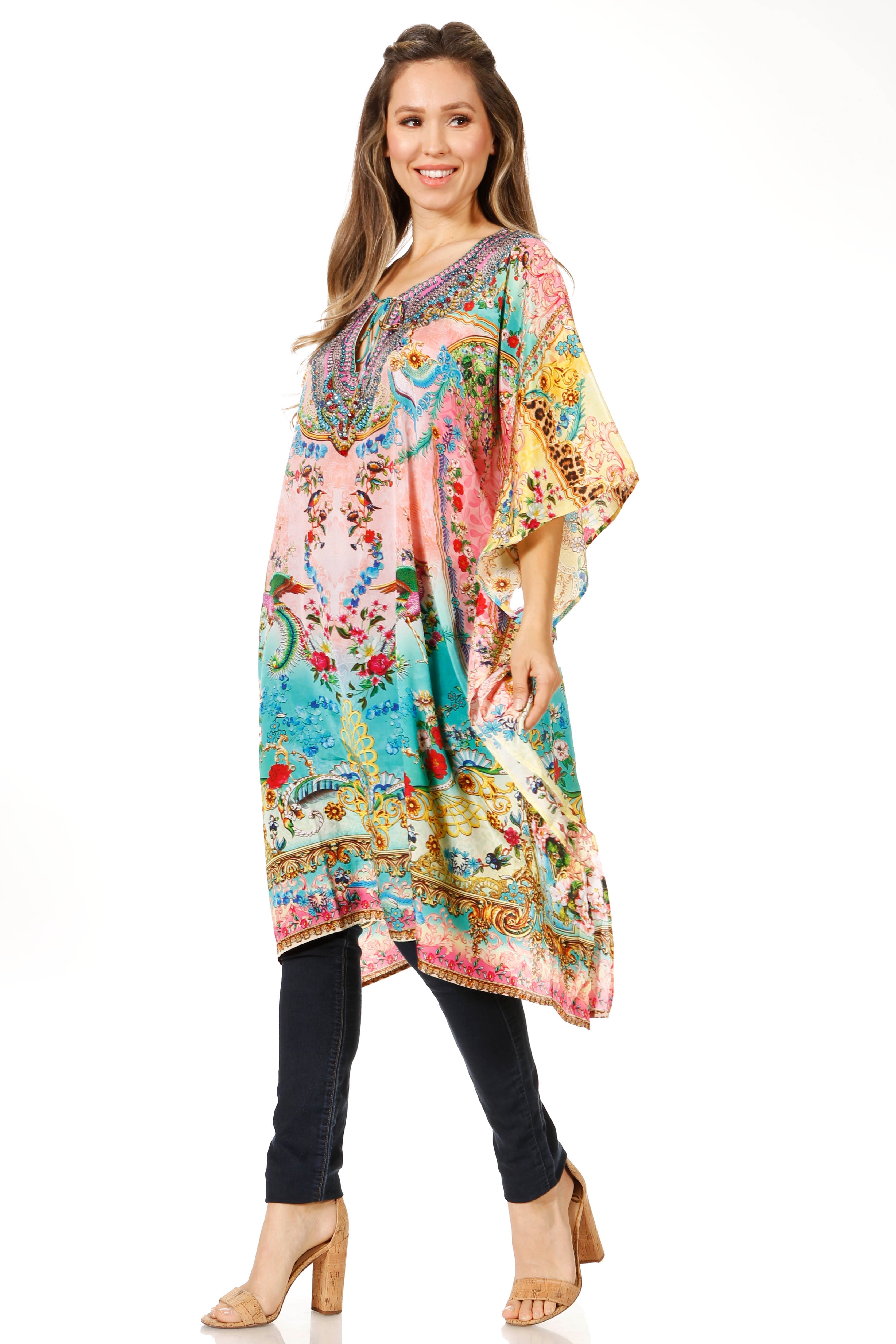 Sakkas - Jenni Mid Length Boho Caftan Kaftan Dress Cover up Flowy Rhinestone