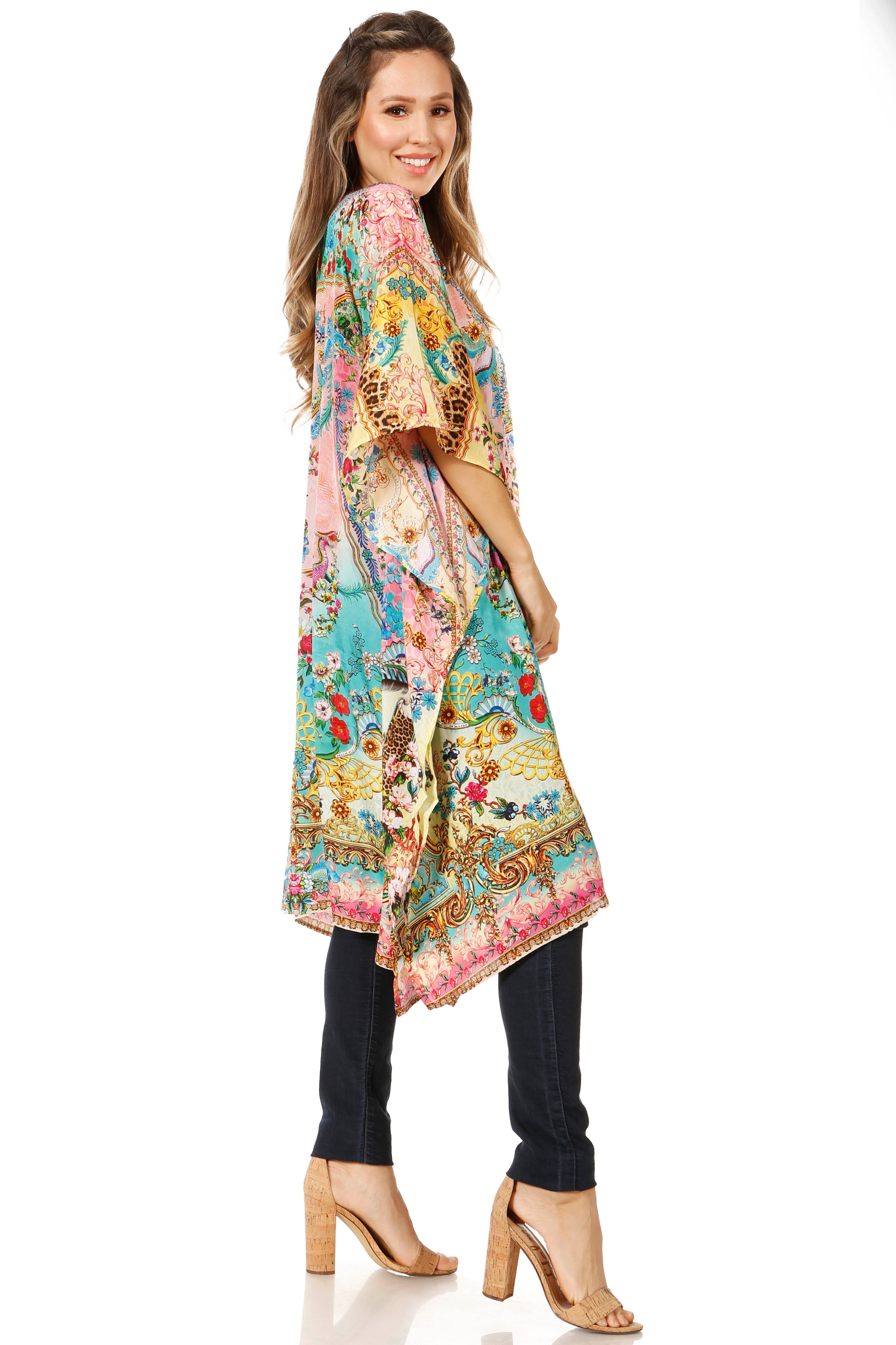 Sakkas - Jenni Mid Length Boho Caftan Kaftan Dress Cover up Flowy Rhinestone