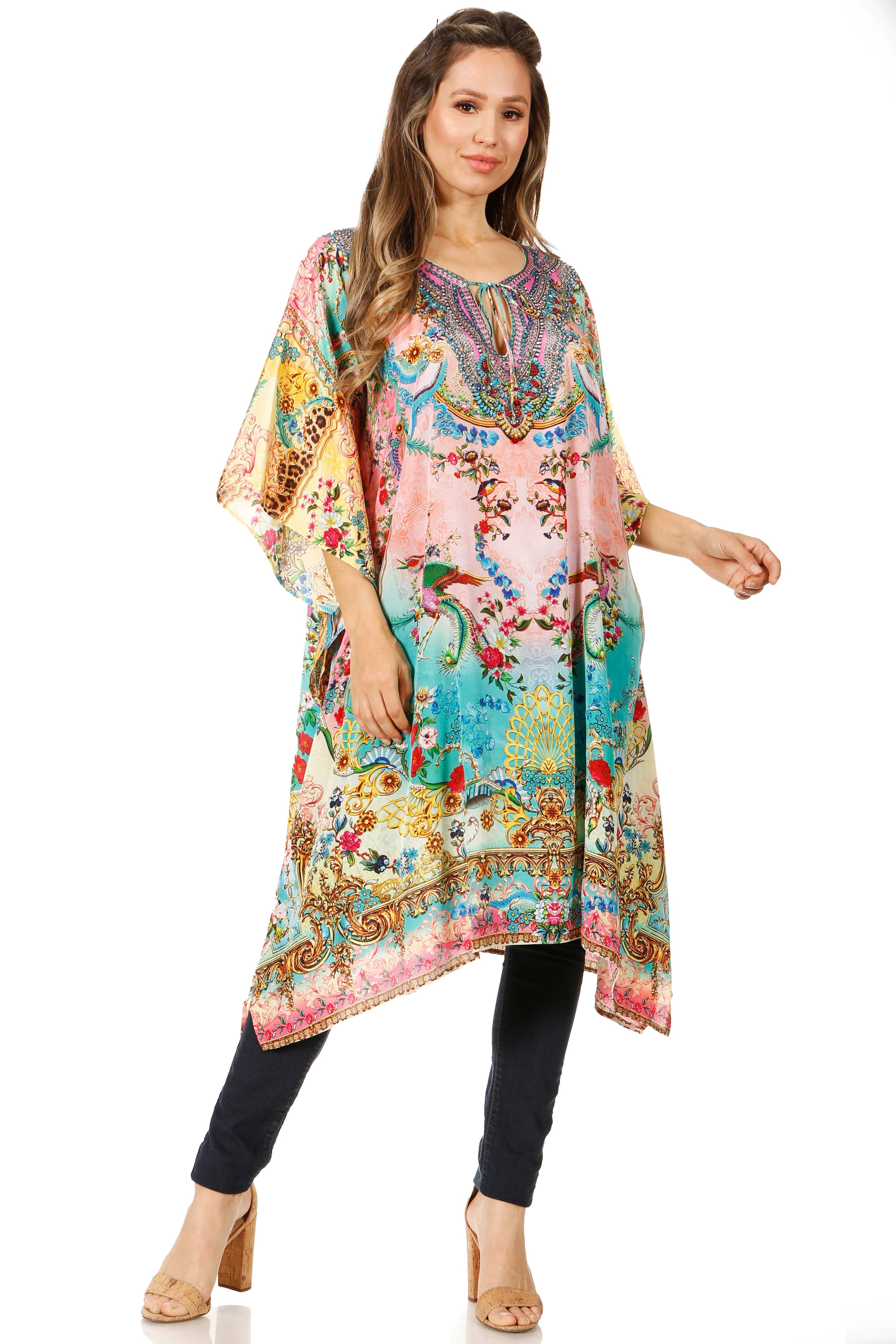 Sakkas - Jenni Mid Length Boho Caftan Kaftan Dress Cover up Flowy Rhinestone