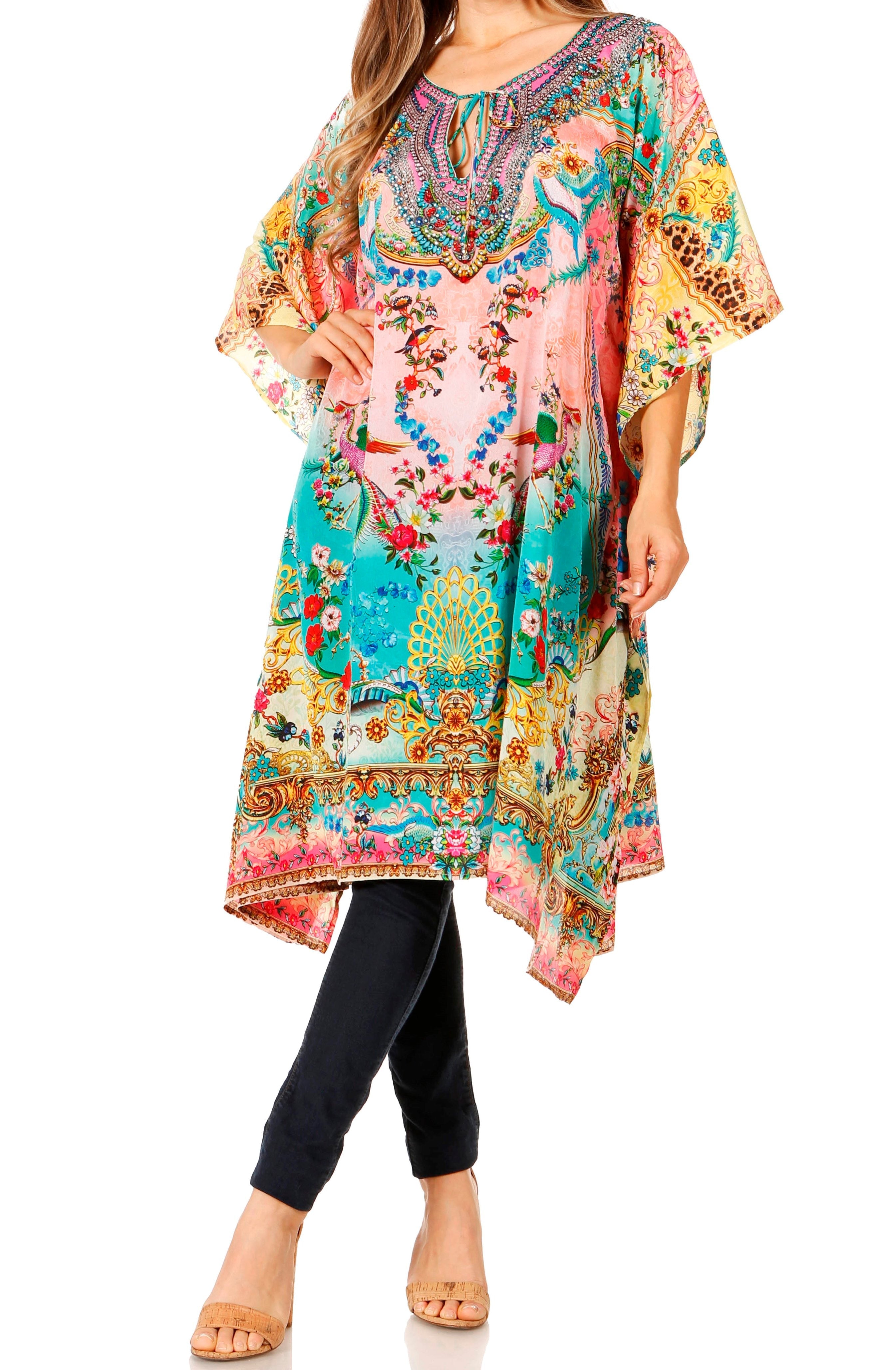 Sakkas - Jenni Mid Length Boho Caftan Kaftan Dress Cover up Flowy Rhinestone