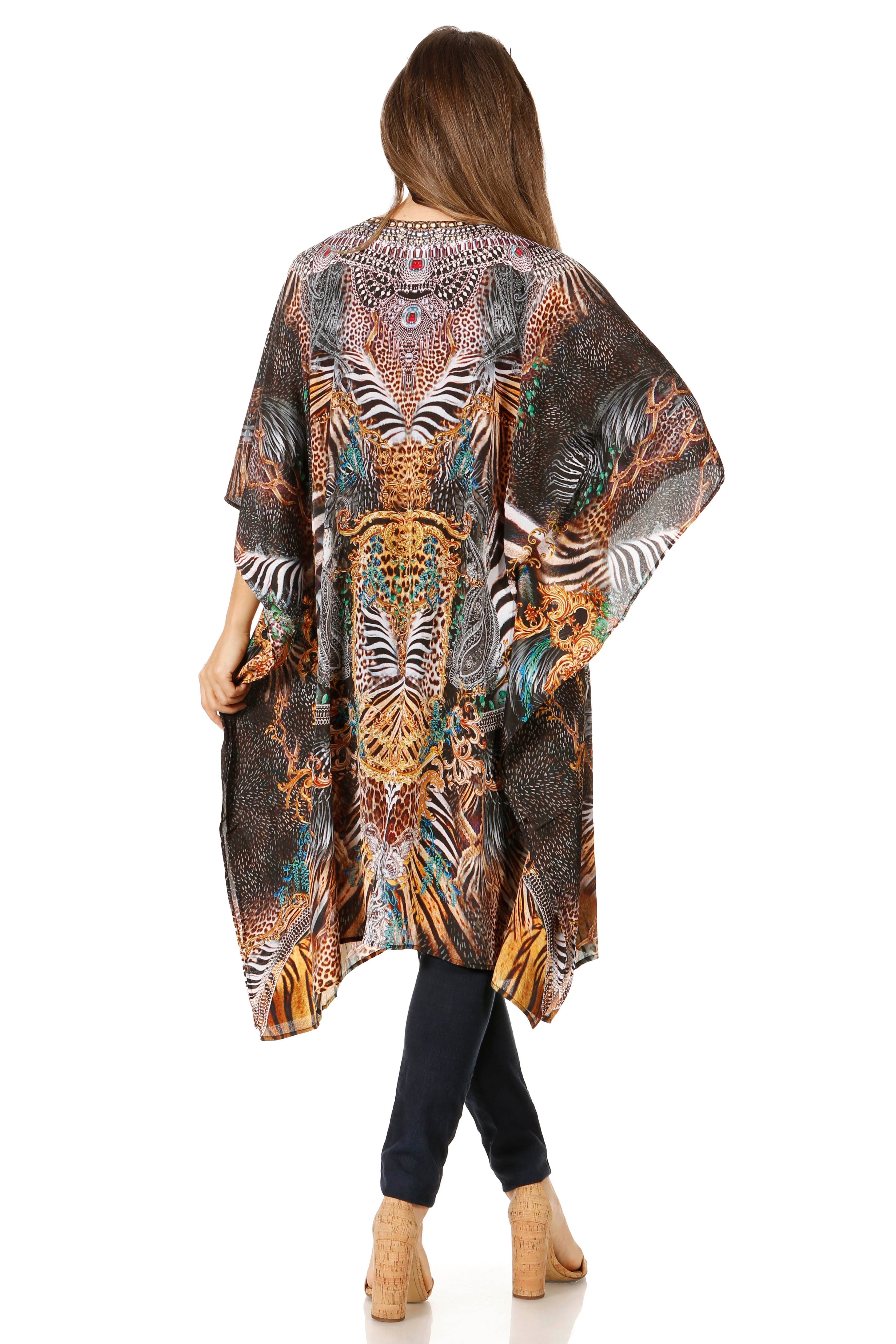 Sakkas - Jenni Mid Length Boho Caftan Kaftan Dress Cover up Flowy Rhinestone