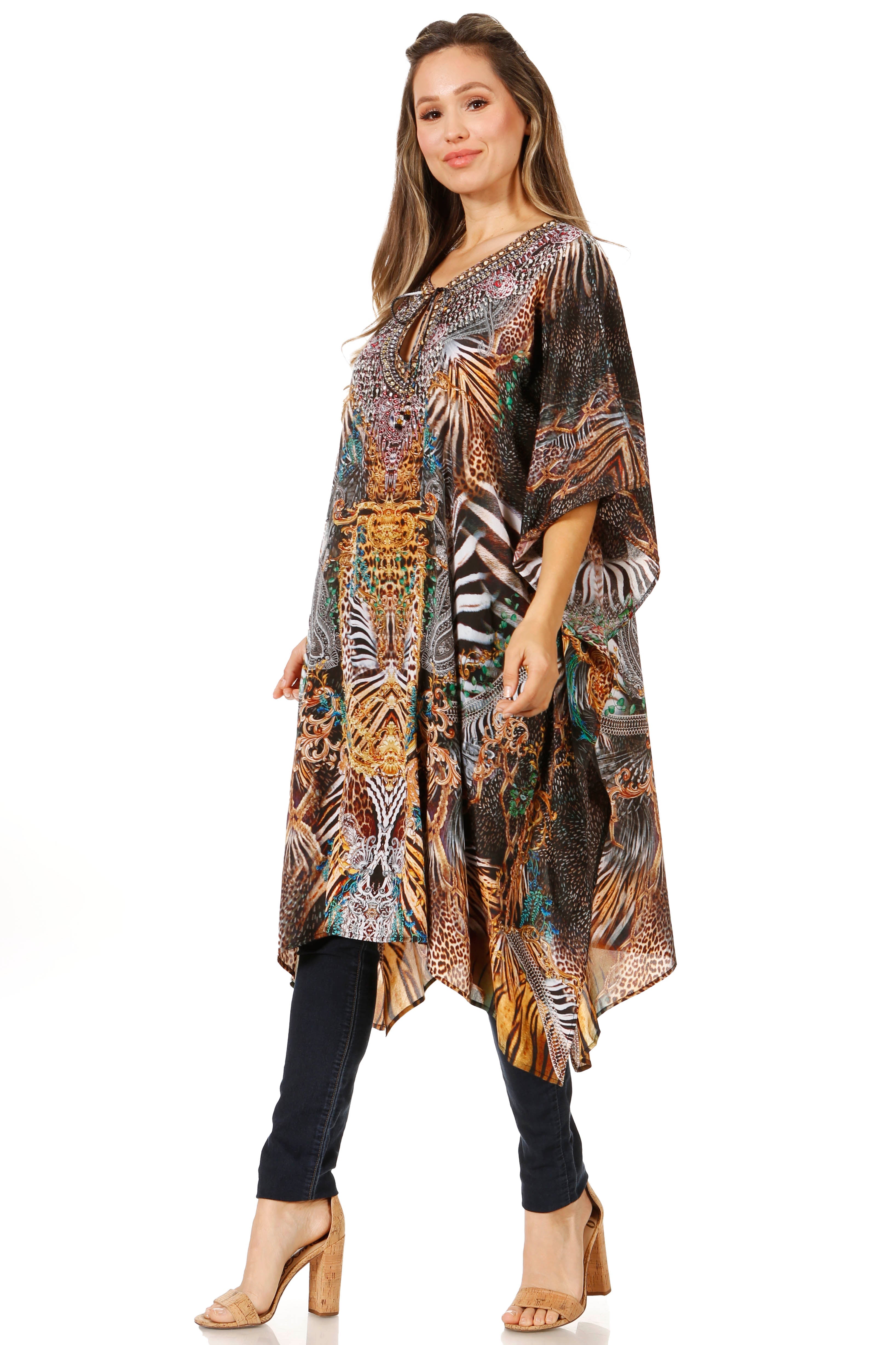 Sakkas - Jenni Mid Length Boho Caftan Kaftan Dress Cover up Flowy Rhinestone