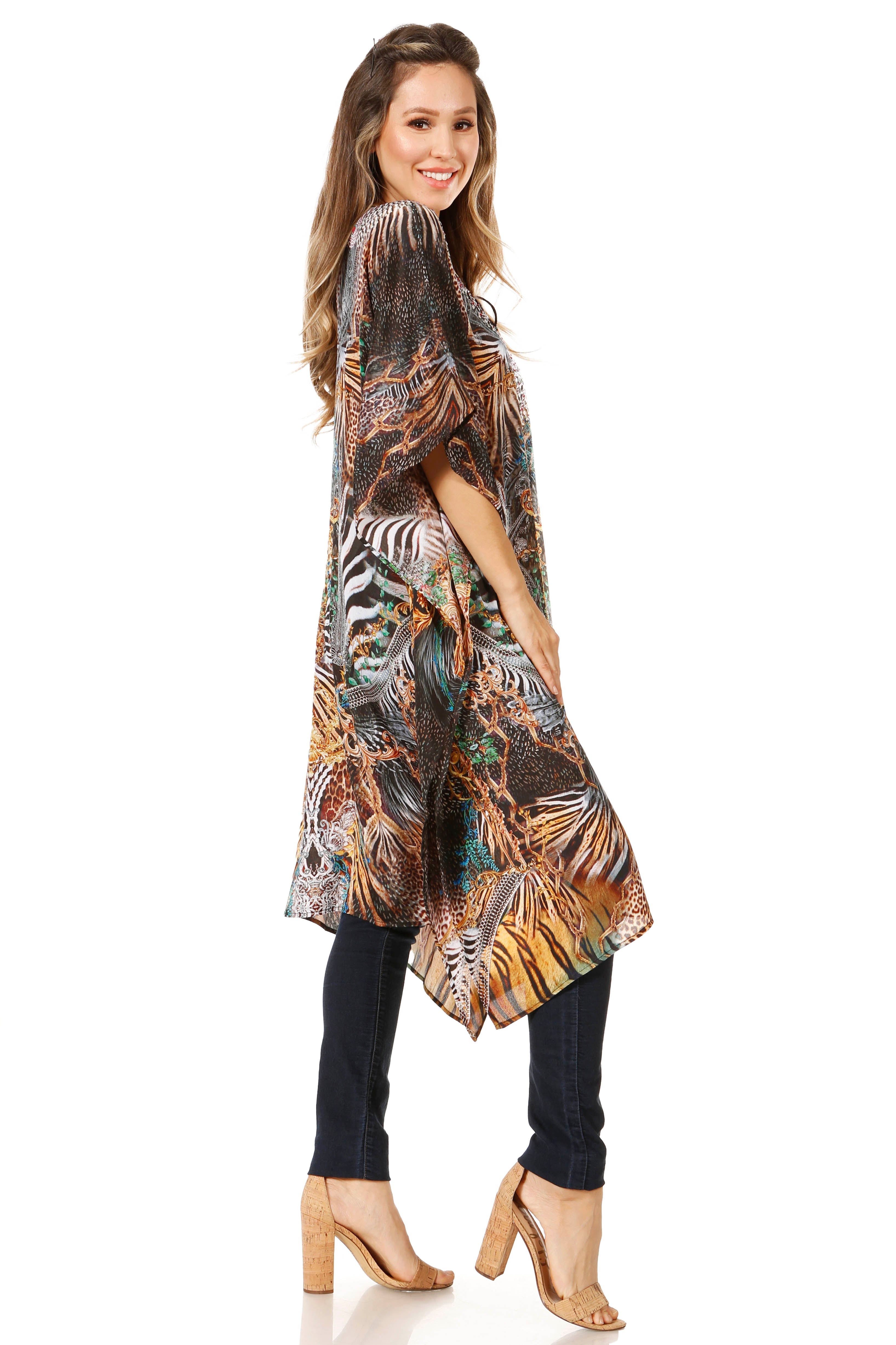 Sakkas - Jenni Mid Length Boho Caftan Kaftan Dress Cover up Flowy Rhinestone
