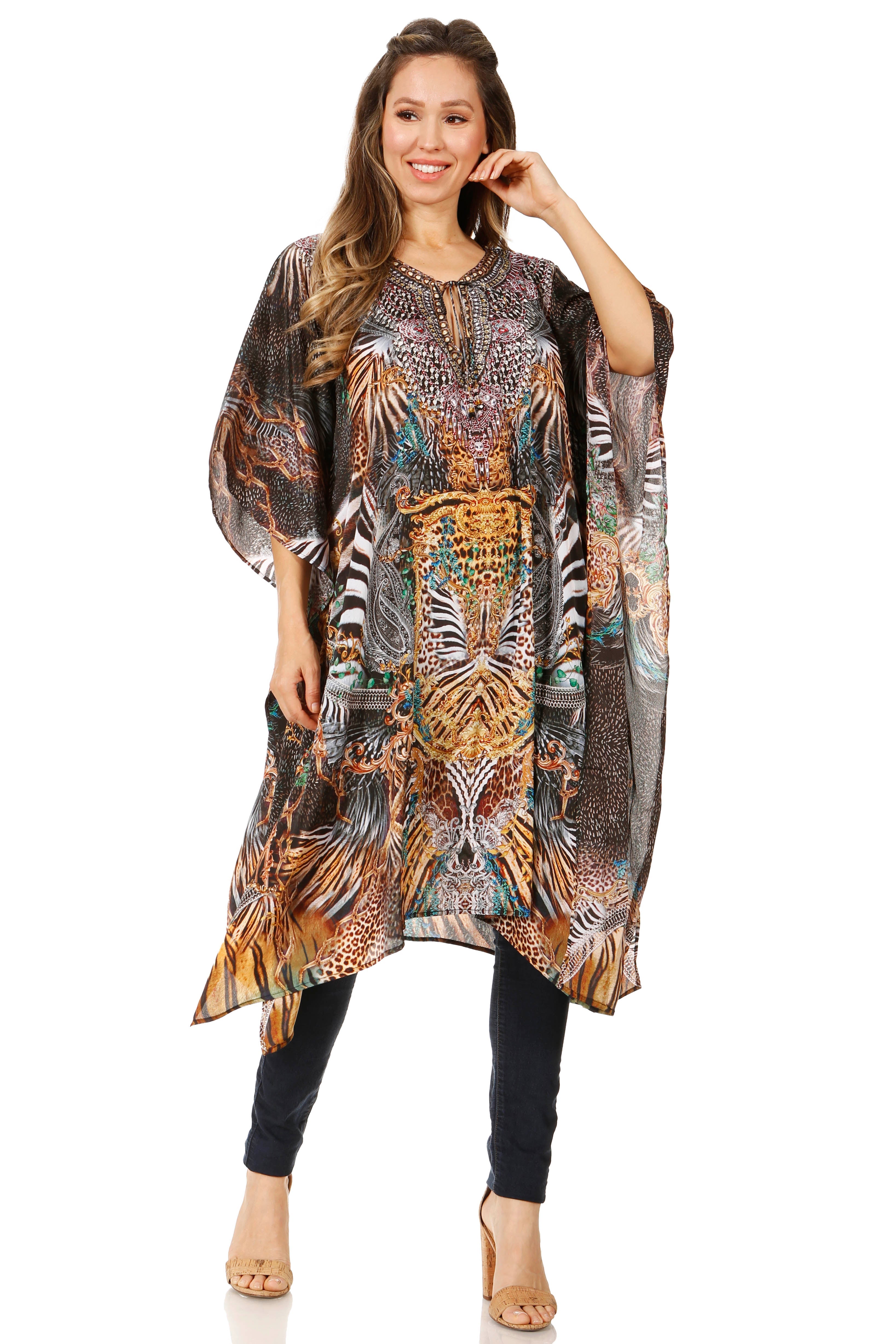 Sakkas - Jenni Mid Length Boho Caftan Kaftan Dress Cover up Flowy Rhinestone