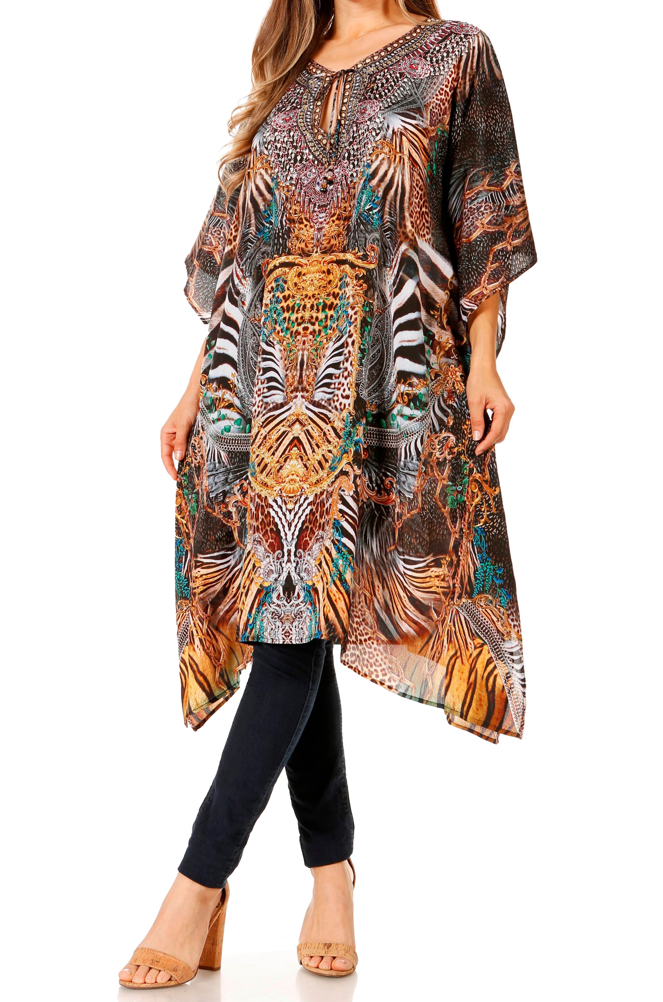 Sakkas - Jenni Mid Length Boho Caftan Kaftan Dress Cover up Flowy Rhinestone
