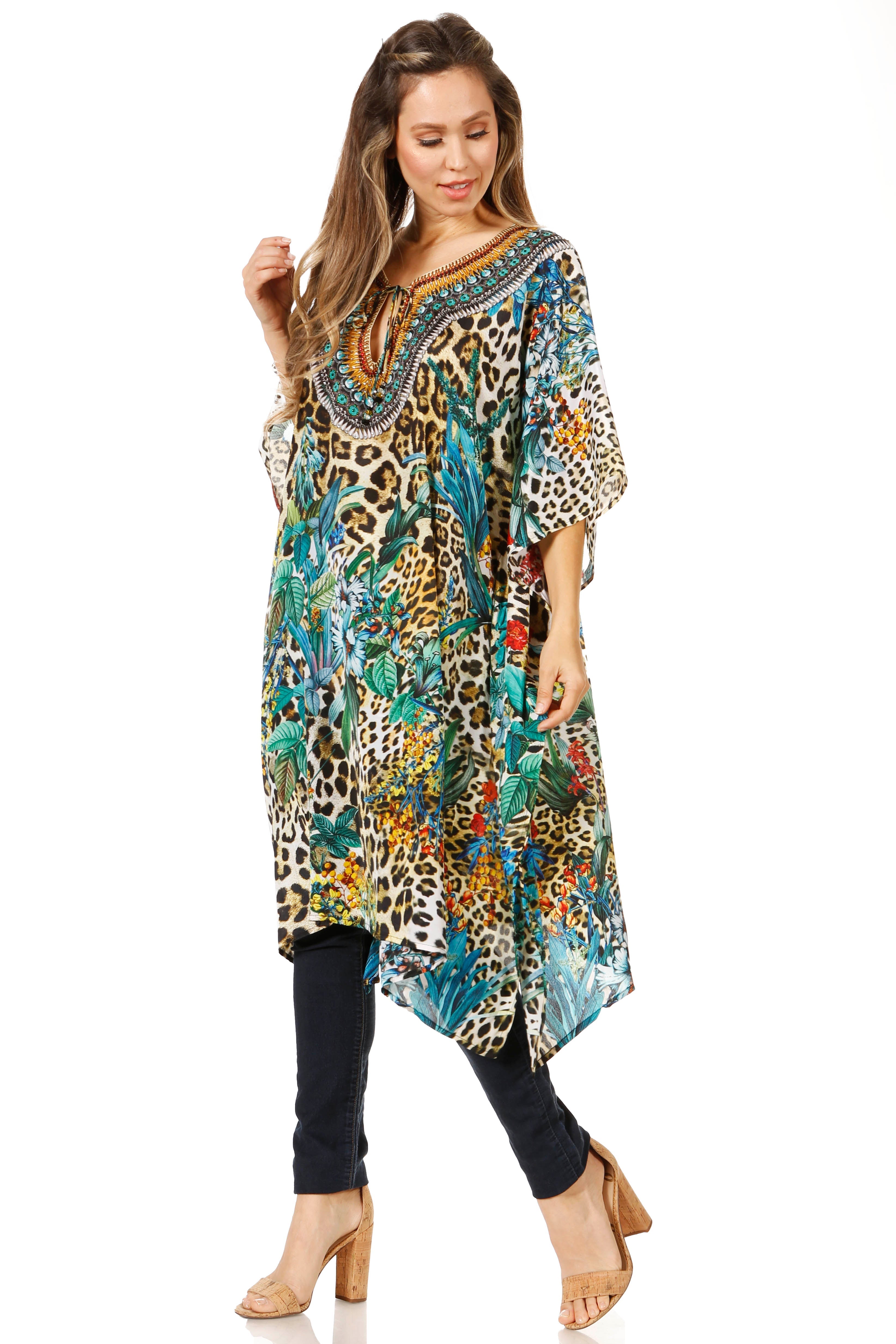 Sakkas - Jenni Mid Length Boho Caftan Kaftan Dress Cover up Flowy Rhinestone