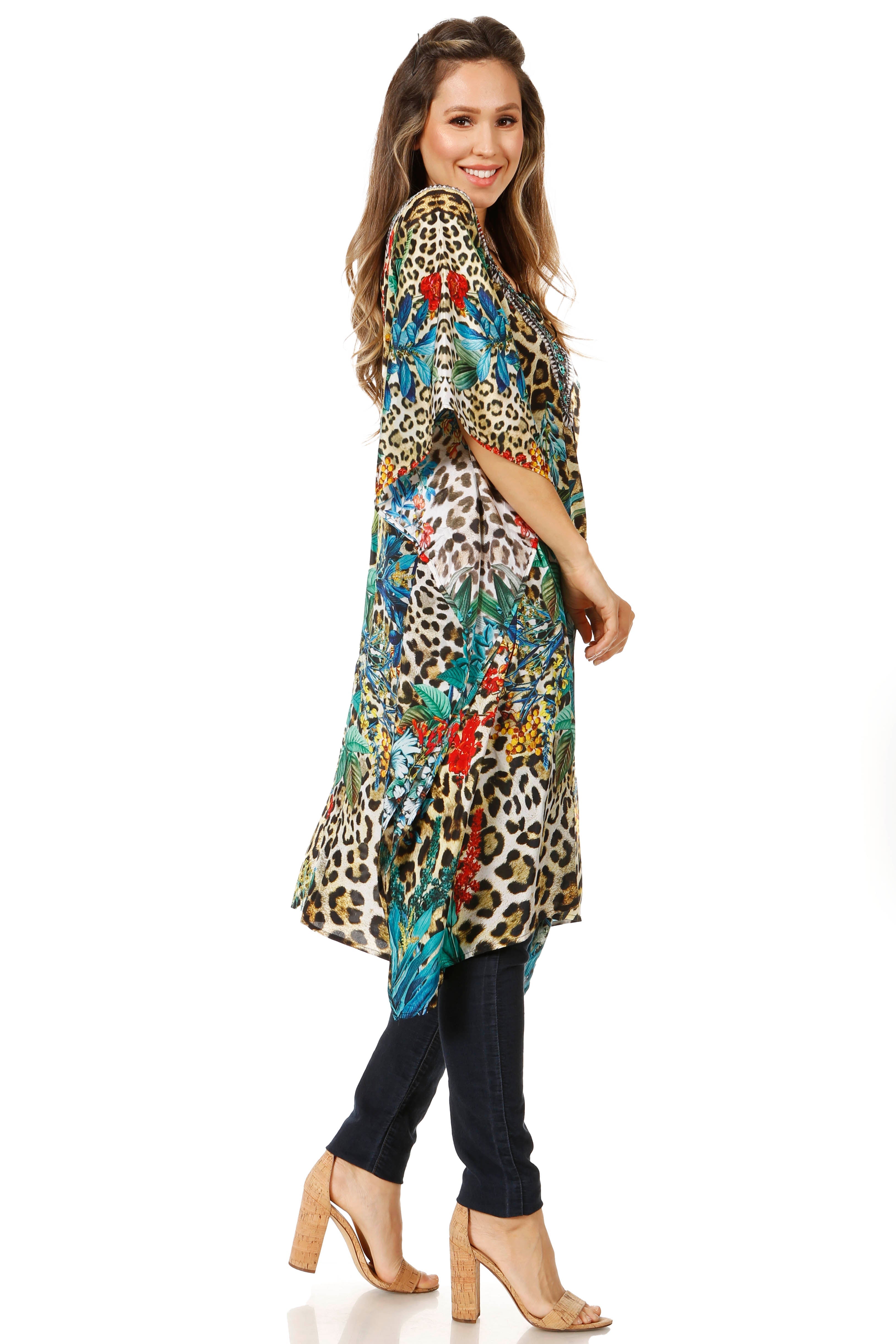 Sakkas - Jenni Mid Length Boho Caftan Kaftan Dress Cover up Flowy Rhinestone