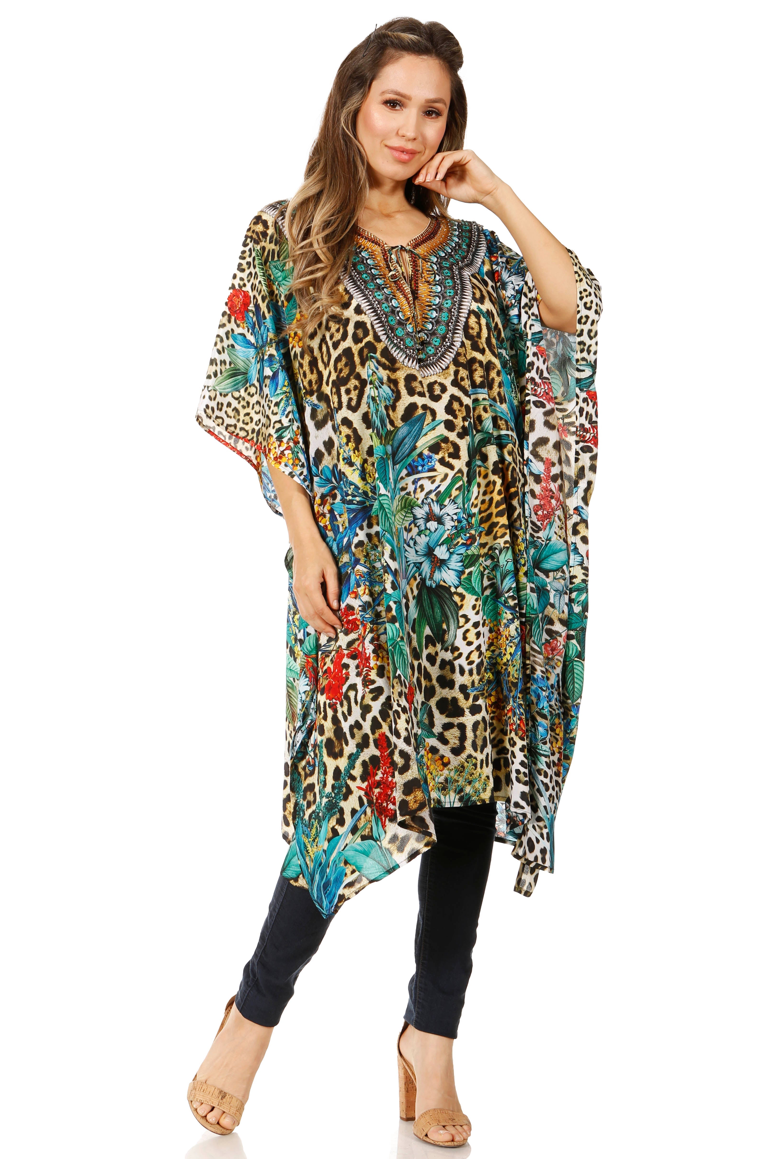 Sakkas - Jenni Mid Length Boho Caftan Kaftan Dress Cover up Flowy Rhinestone