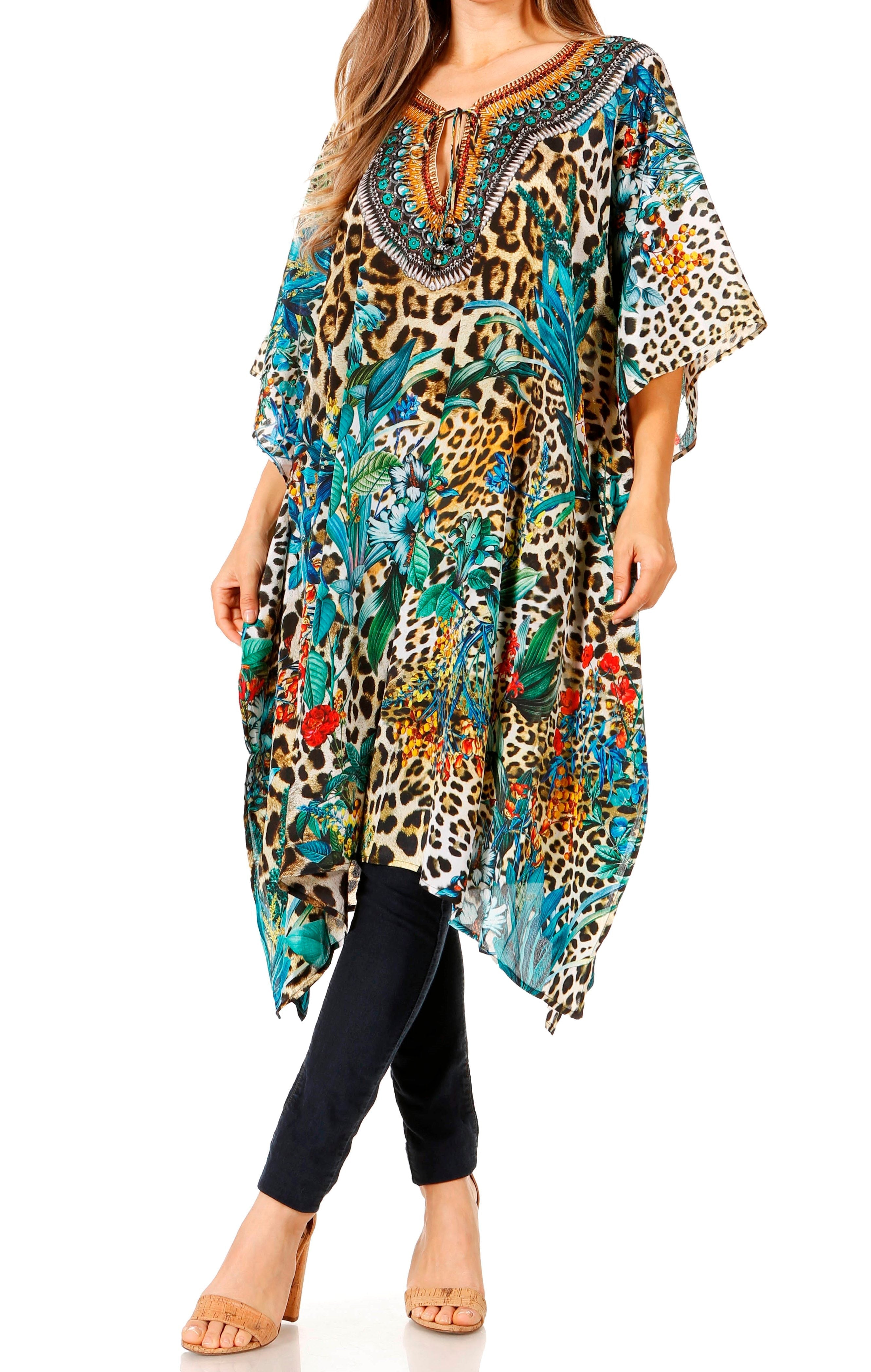 Sakkas - Jenni Mid Length Boho Caftan Kaftan Dress Cover up Flowy Rhinestone