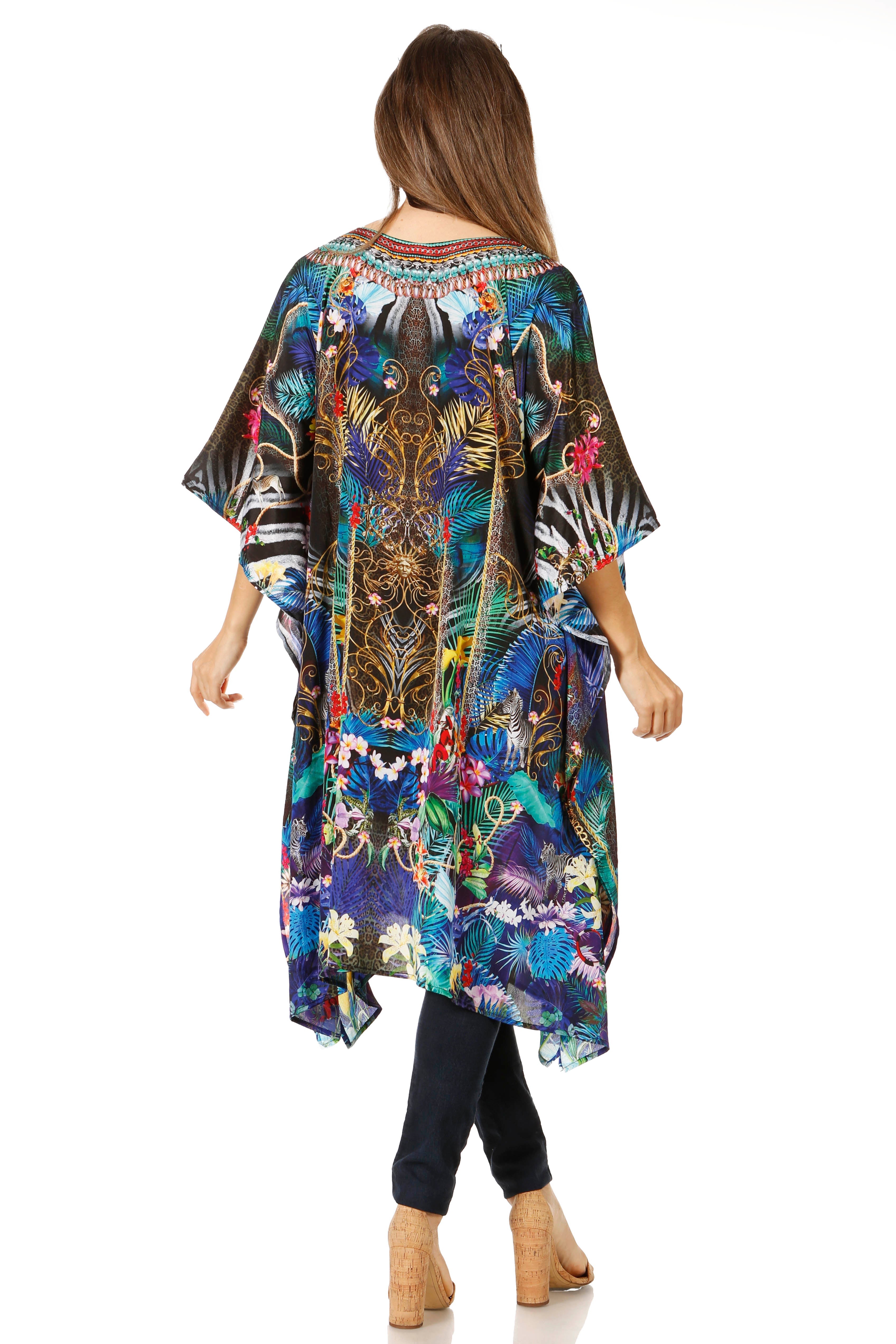 Sakkas - Jenni Mid Length Boho Caftan Kaftan Dress Cover up Flowy Rhinestone