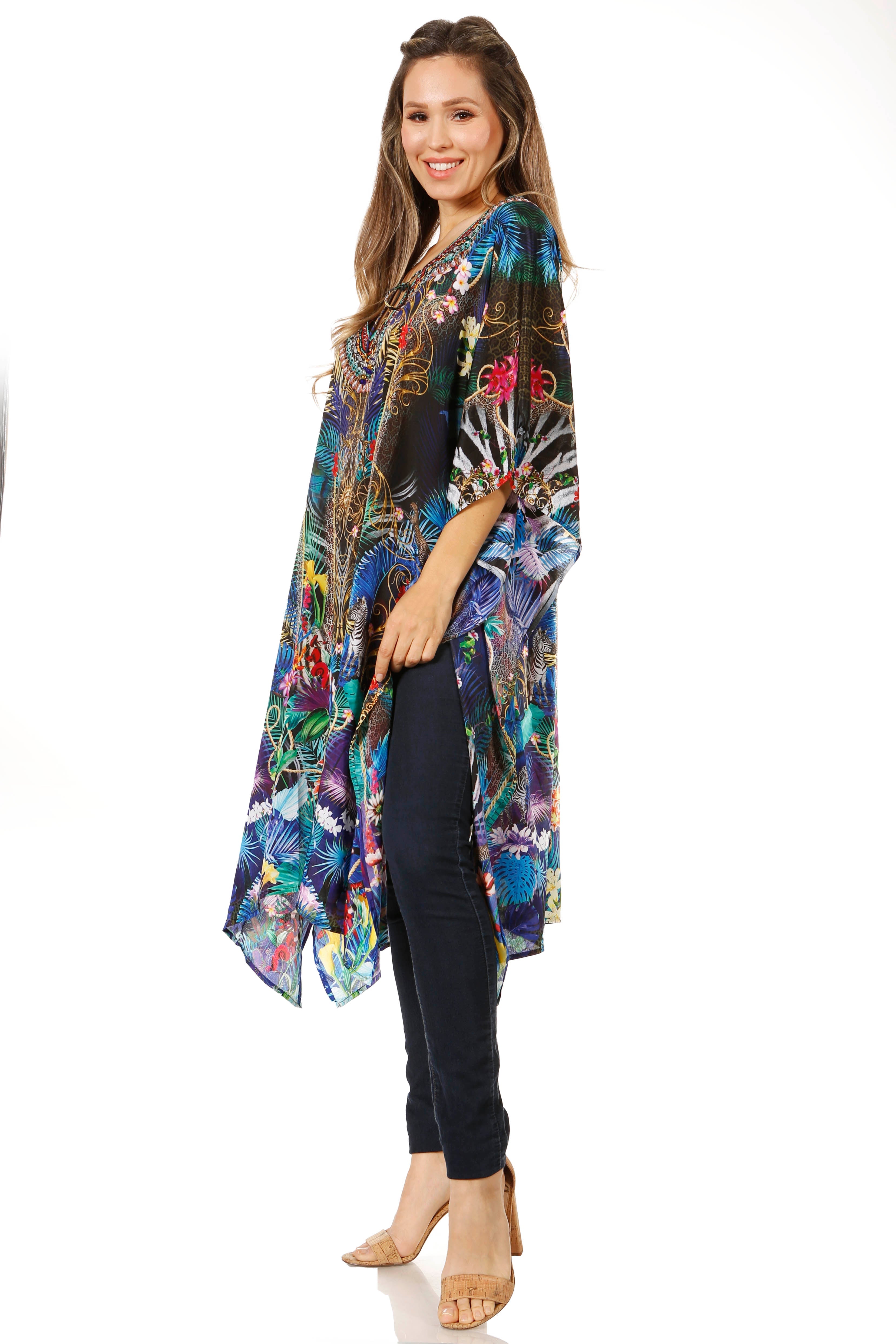 Sakkas - Jenni Mid Length Boho Caftan Kaftan Dress Cover up Flowy Rhinestone