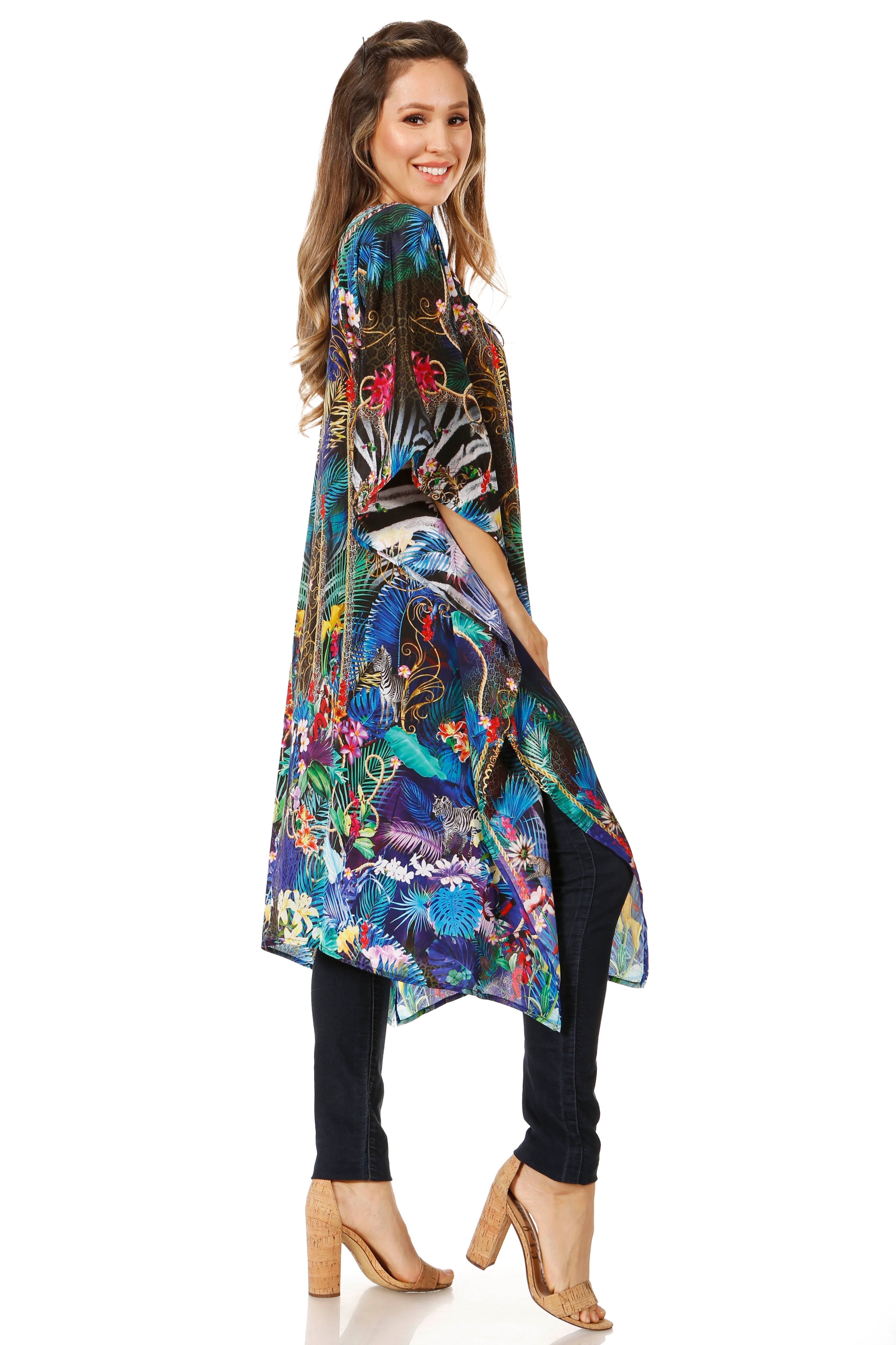 Sakkas - Jenni Mid Length Boho Caftan Kaftan Dress Cover up Flowy Rhinestone
