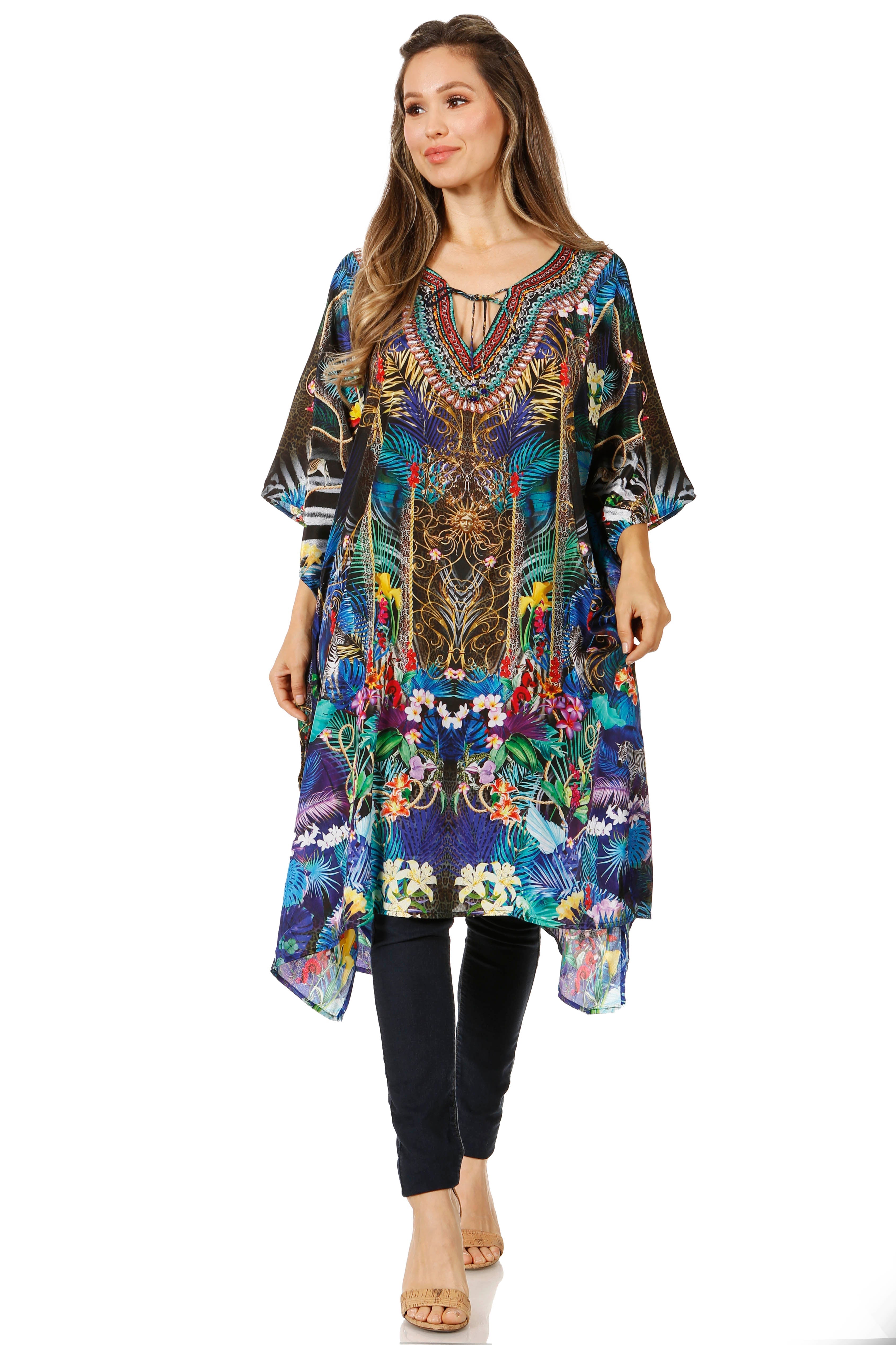 Sakkas - Jenni Mid Length Boho Caftan Kaftan Dress Cover up Flowy Rhinestone