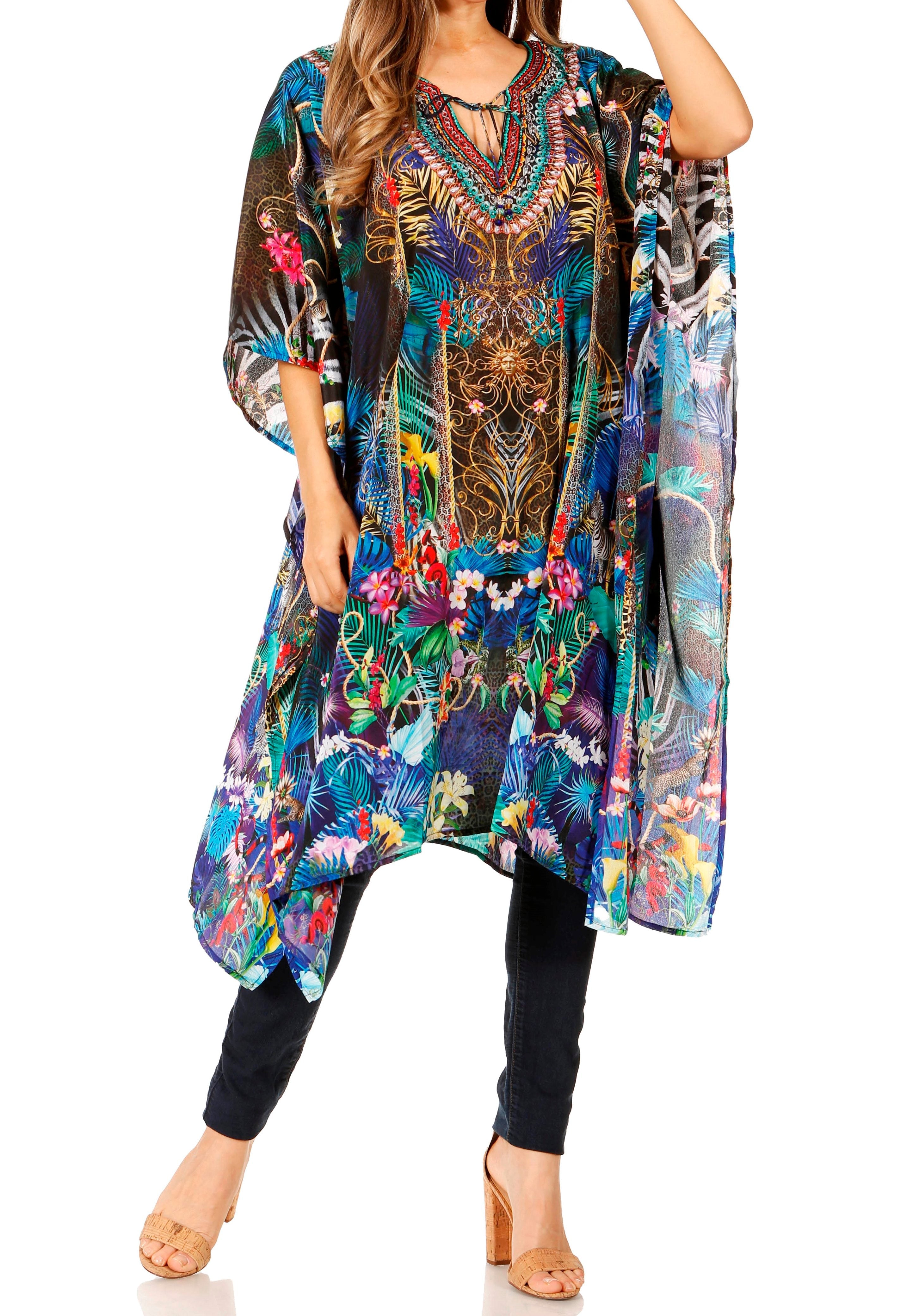 Sakkas - Jenni Mid Length Boho Caftan Kaftan Dress Cover up Flowy Rhinestone