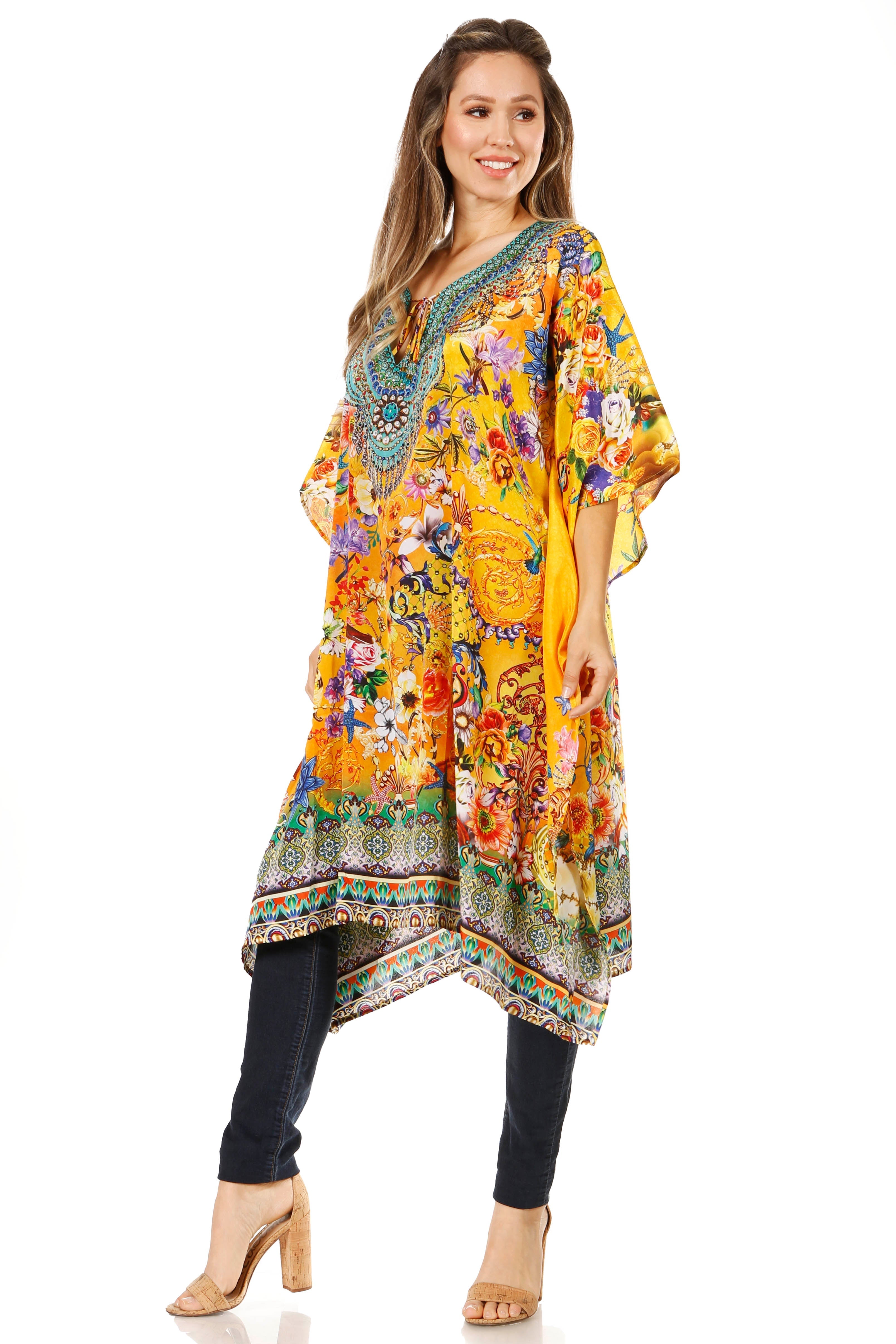Sakkas - Jenni Mid Length Boho Caftan Kaftan Dress Cover up Flowy Rhinestone