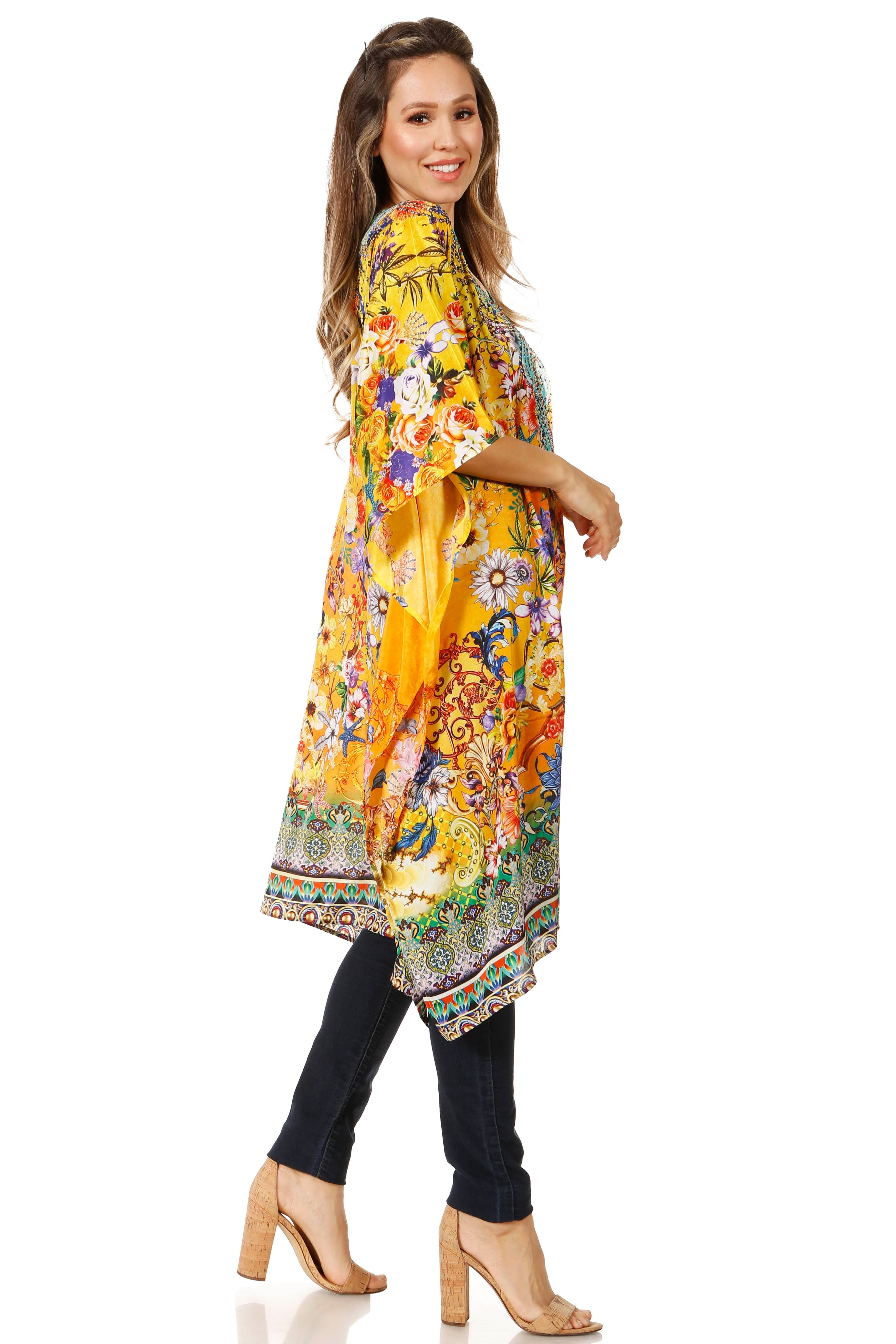 Sakkas - Jenni Mid Length Boho Caftan Kaftan Dress Cover up Flowy Rhinestone