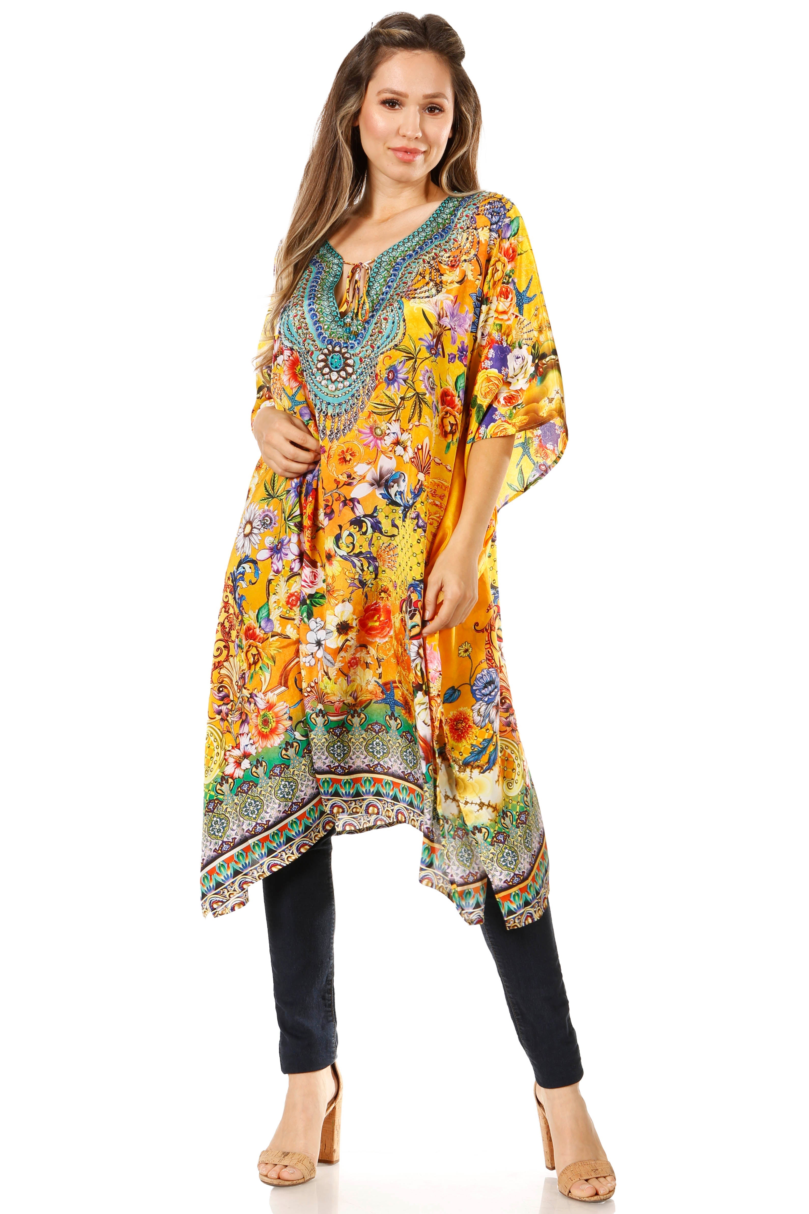Sakkas - Jenni Mid Length Boho Caftan Kaftan Dress Cover up Flowy Rhinestone