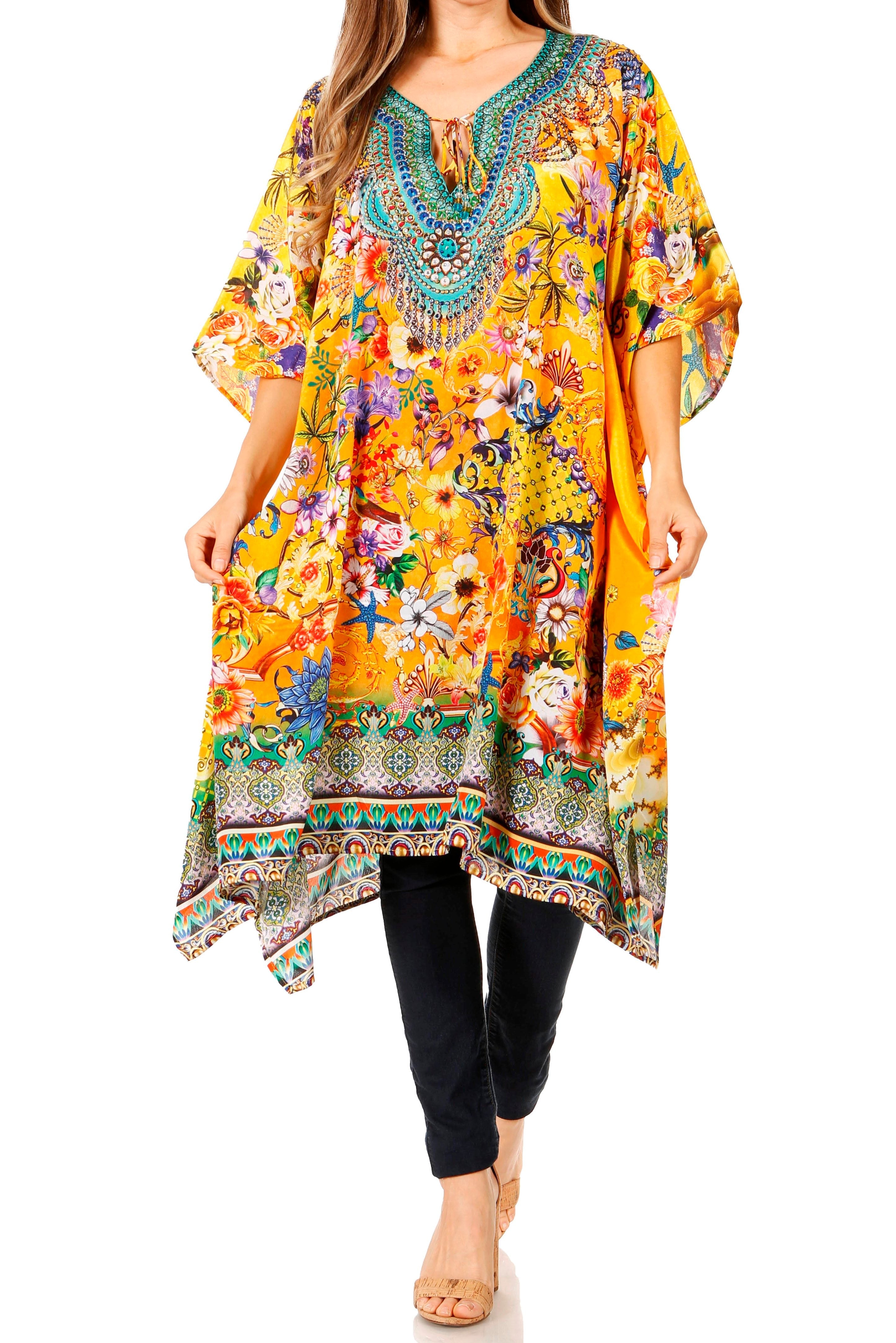 Sakkas - Jenni Mid Length Boho Caftan Kaftan Dress Cover up Flowy Rhinestone