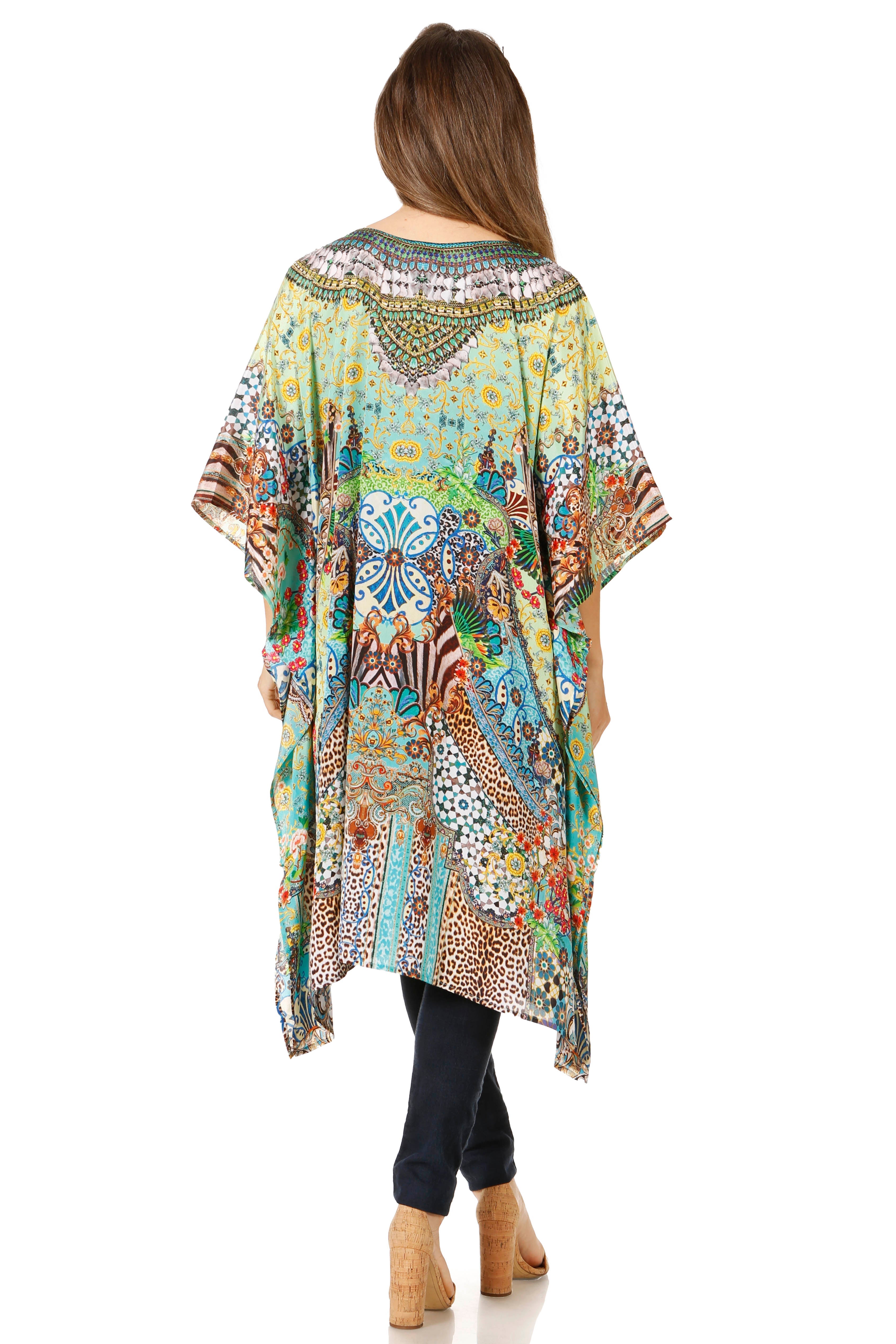 Sakkas - Jenni Mid Length Boho Caftan Kaftan Dress Cover up Flowy Rhinestone