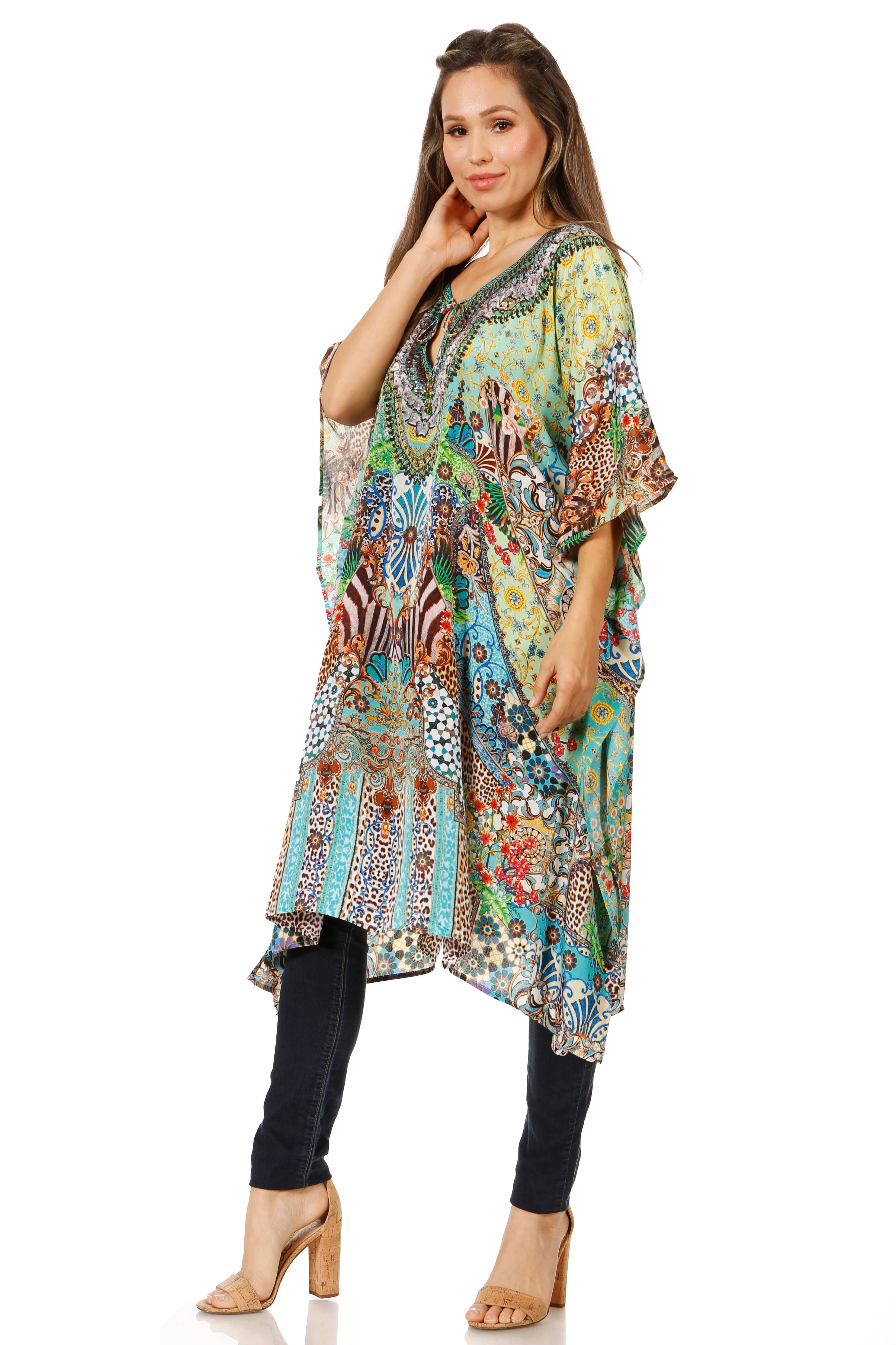 Sakkas - Jenni Mid Length Boho Caftan Kaftan Dress Cover up Flowy Rhinestone