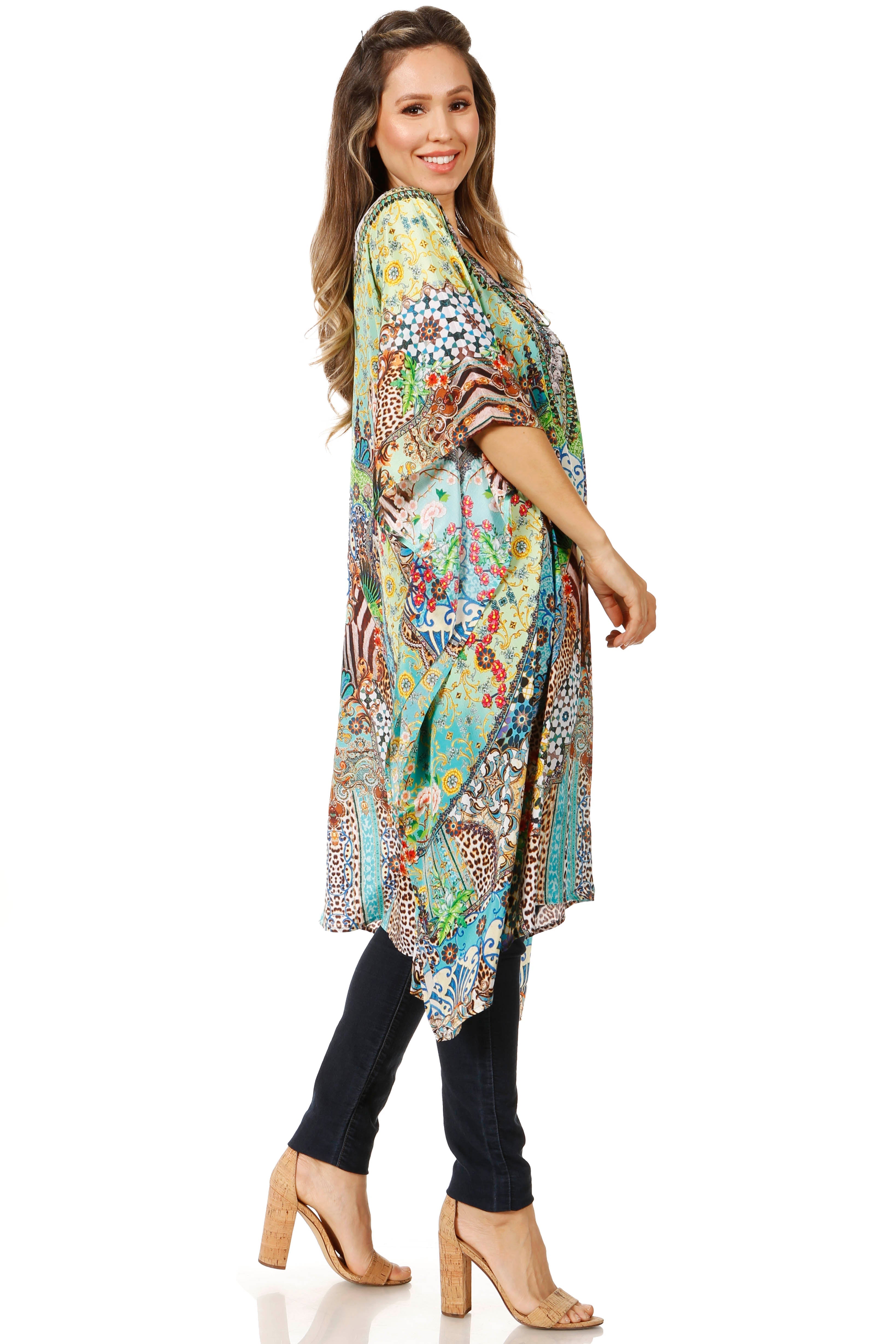 Sakkas - Jenni Mid Length Boho Caftan Kaftan Dress Cover up Flowy Rhinestone