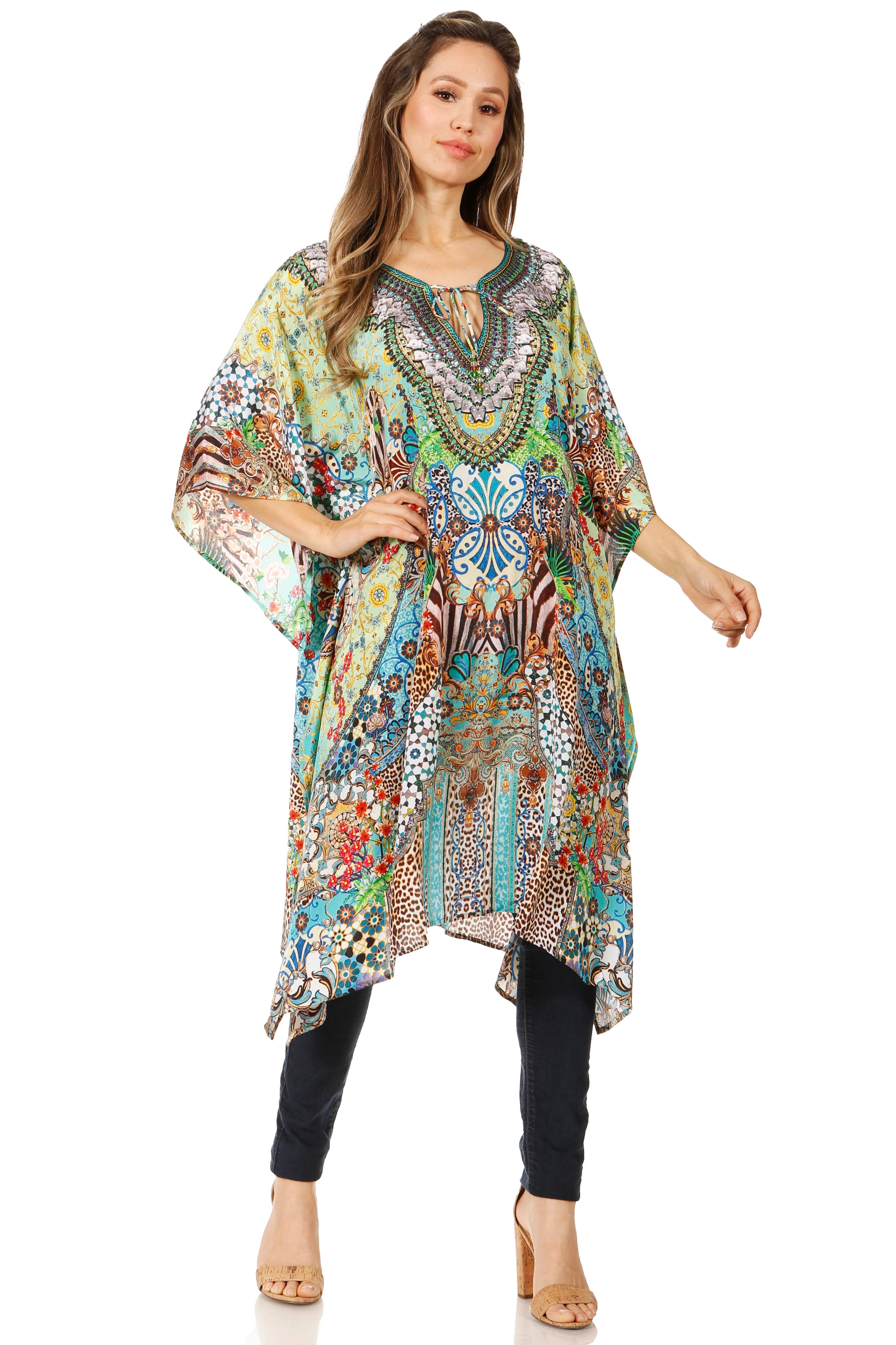 Sakkas - Jenni Mid Length Boho Caftan Kaftan Dress Cover up Flowy Rhinestone