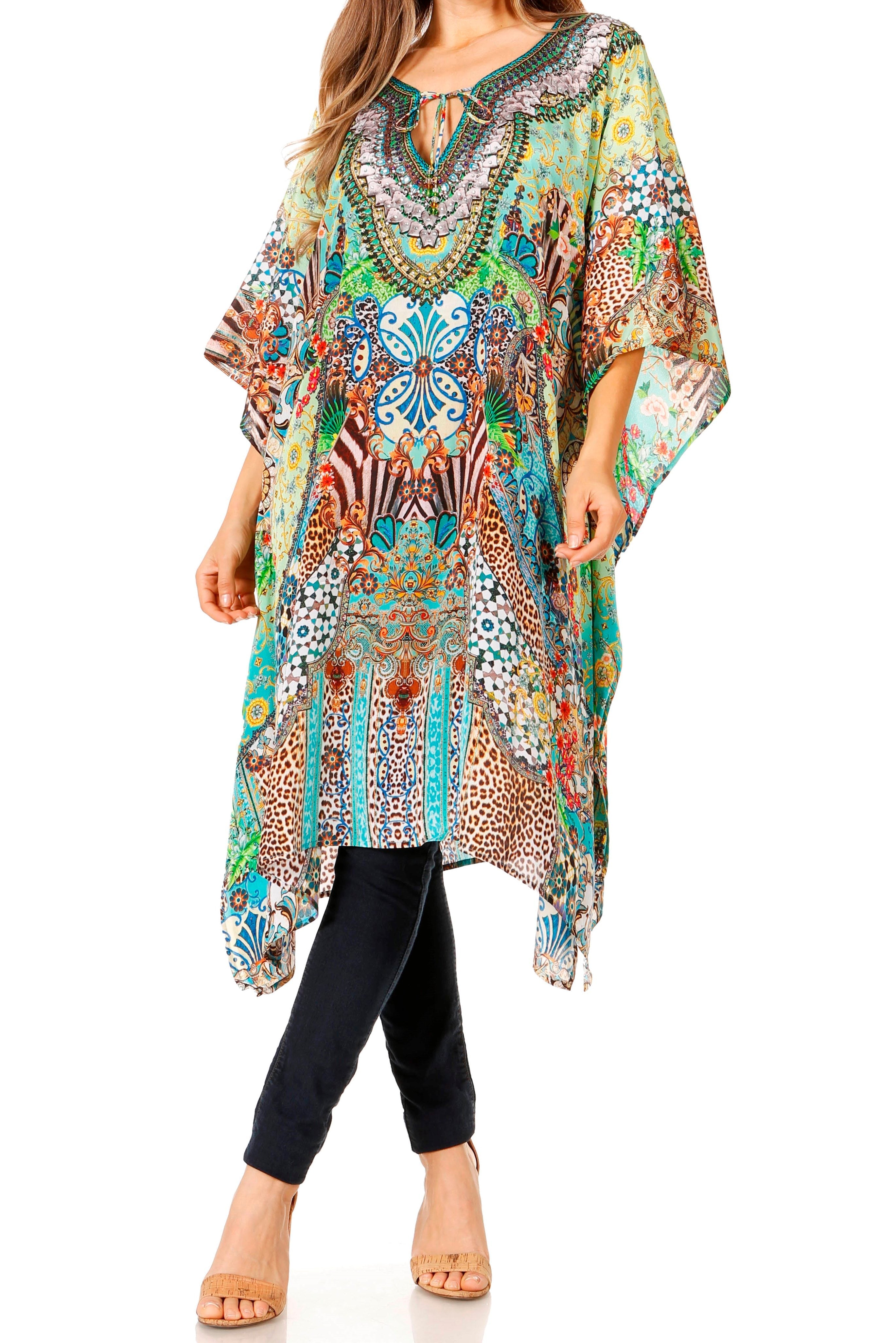 Sakkas - Jenni Mid Length Boho Caftan Kaftan Dress Cover up Flowy Rhinestone