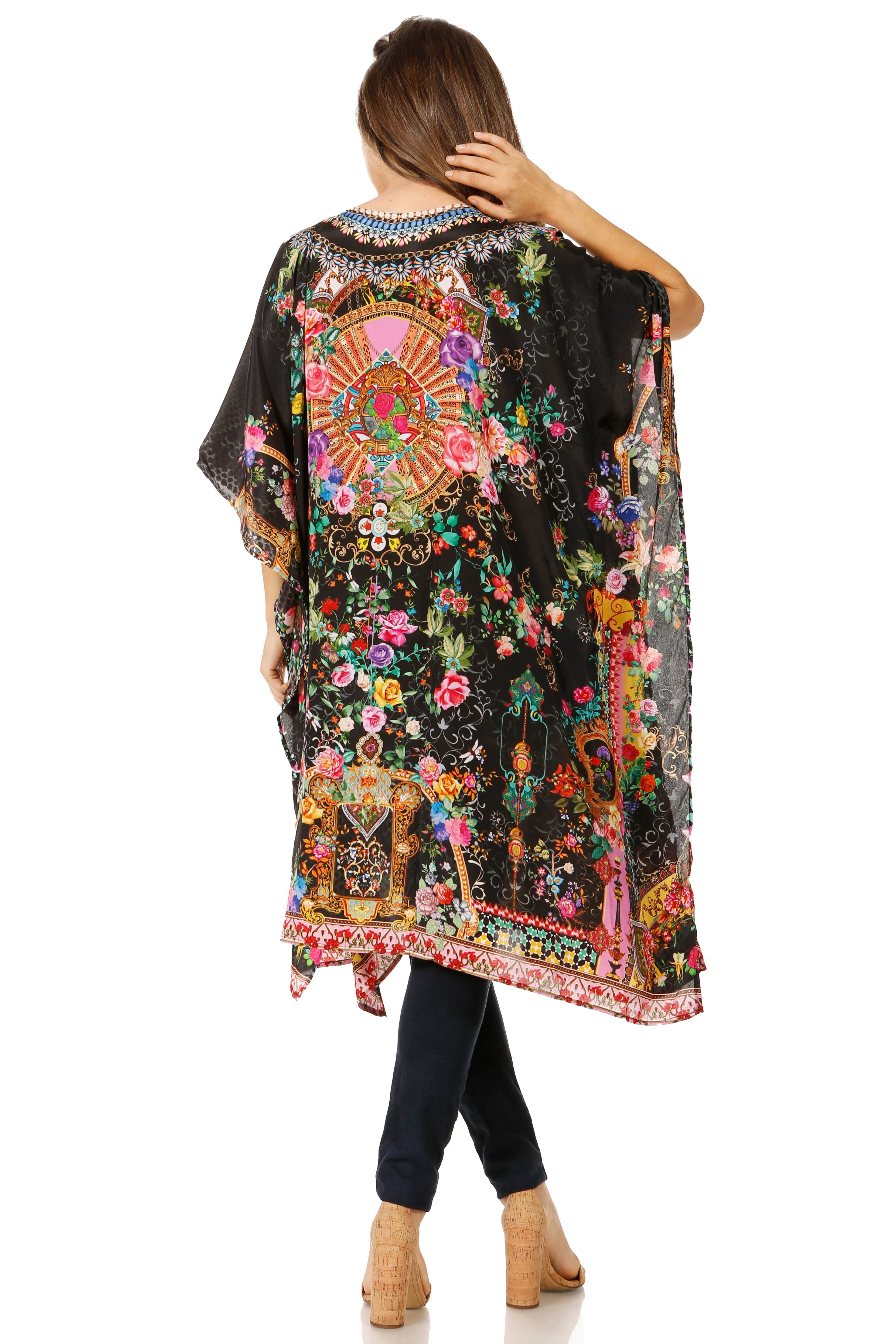Sakkas - Jenni Mid Length Boho Caftan Kaftan Dress Cover up Flowy Rhinestone