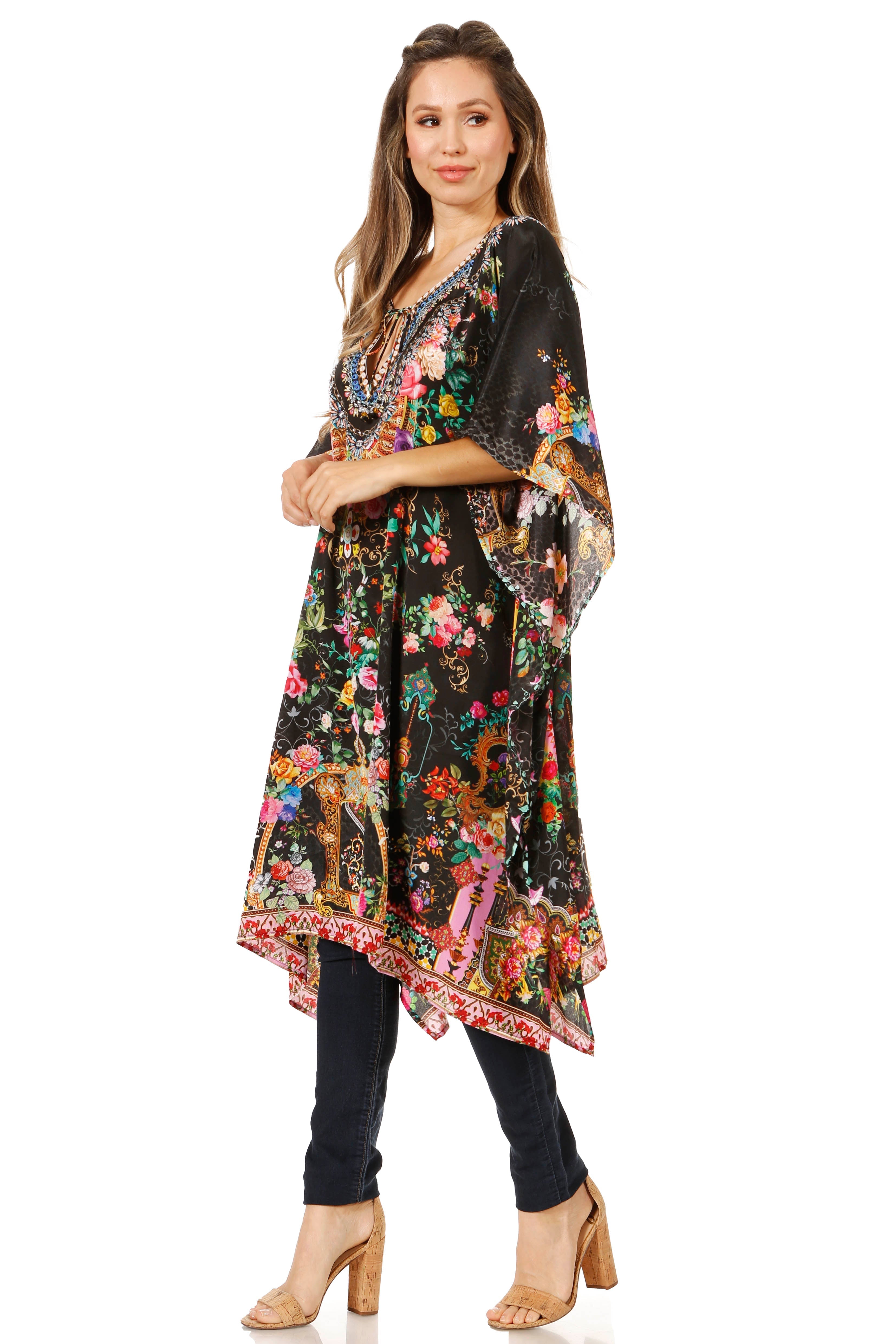 Sakkas - Jenni Mid Length Boho Caftan Kaftan Dress Cover up Flowy Rhinestone
