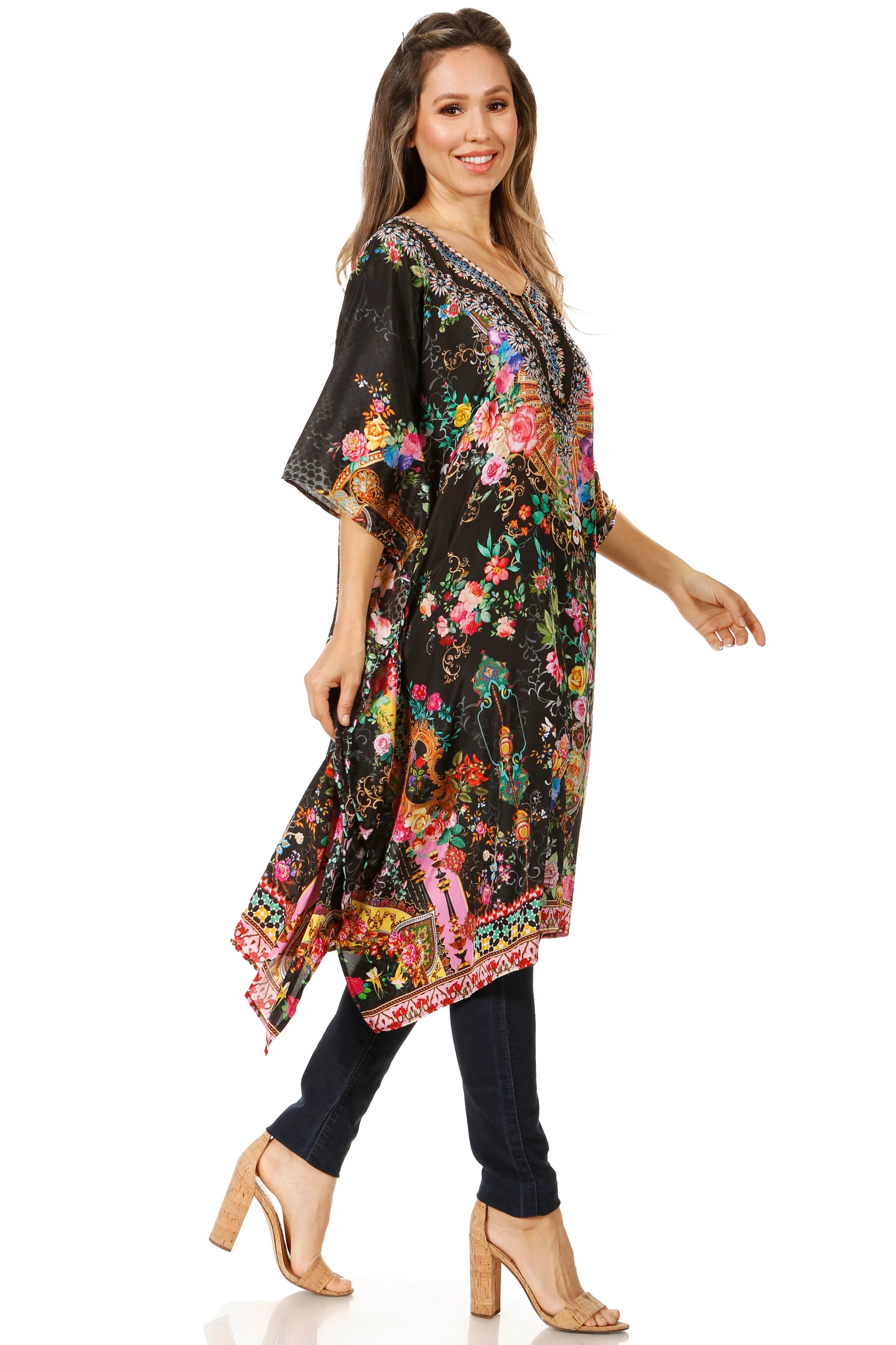 Sakkas - Jenni Mid Length Boho Caftan Kaftan Dress Cover up Flowy Rhinestone